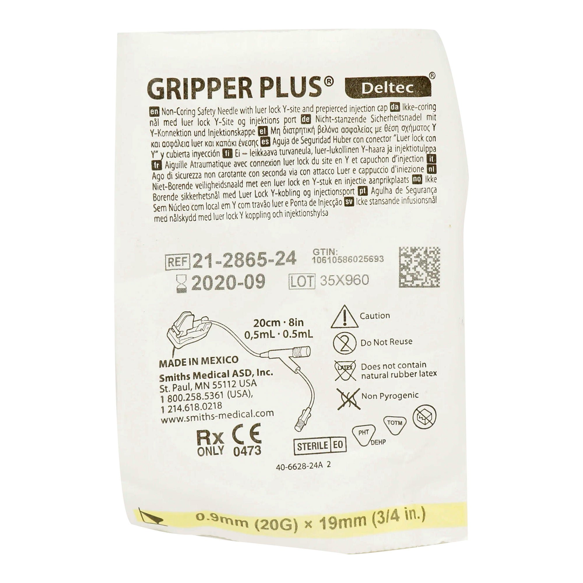 ICU Medical FKA Smiths Medical - 21-2865-24 Huber Infusion Set Gripper® Plus 20 Gauge 3/4 Inch 8 Inch Tubing Split Septum Y-Site Port