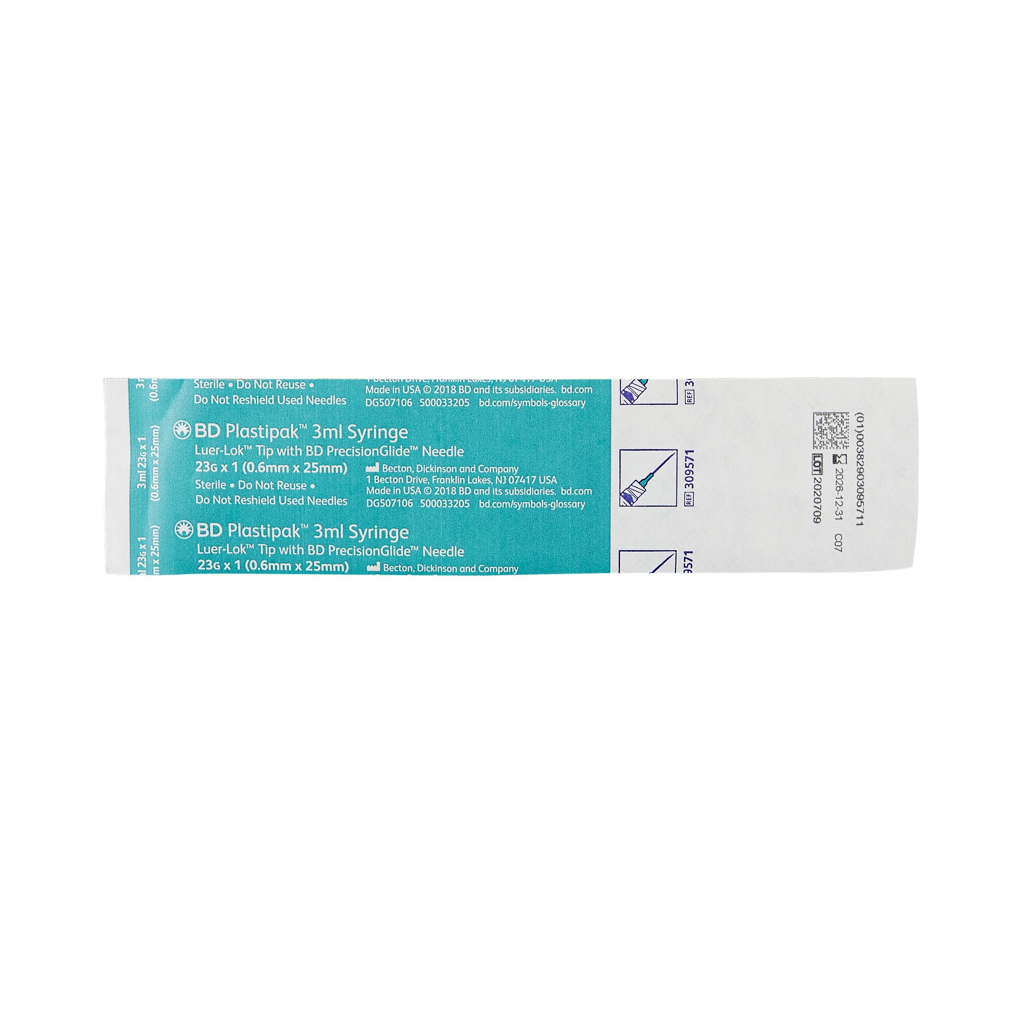 BD 309571 - PrecisionGlide™ 3 mL Syringe with Hypodermic Needle, 23 Gauge, 1-Inch Length - 100/Box, 800/Case