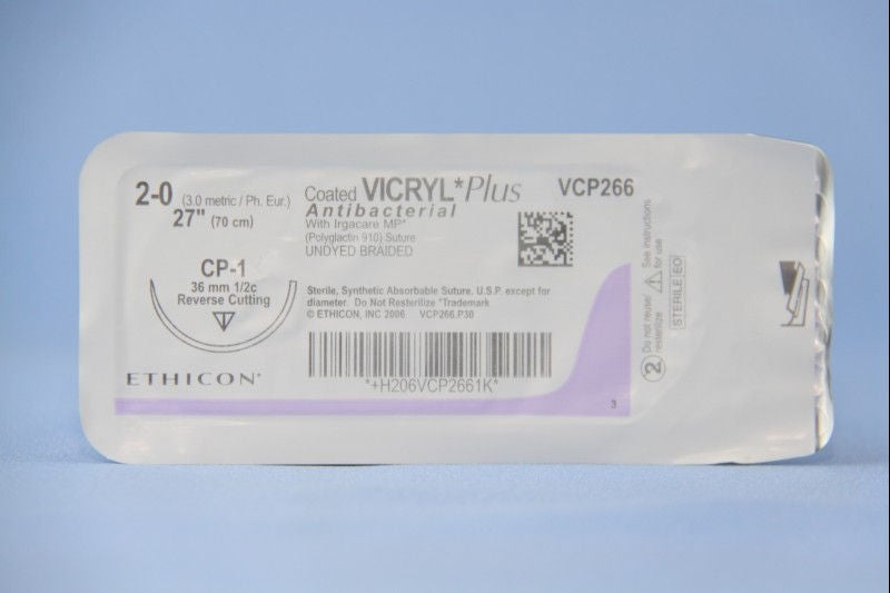 J & J Healthcare Systems - VCP266H Absorbable Antibacterial Suture with Needle Coated Vicryl™ Plus Polyglactin 910 CP-1 1/2 Circle Reverse Cutting Needle Size 2-0 Braided