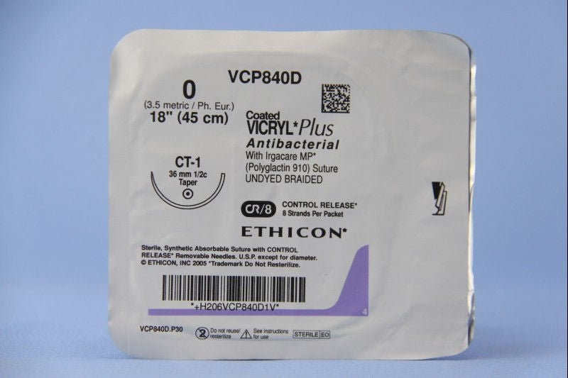 J & J Healthcare Systems - VCP840D Absorbable Antibacterial Suture with Needle Coated Vicryl™ Plus Polyglactin 910 CT-1 1/2 Circle Taper Point Needle Size 0 Braided