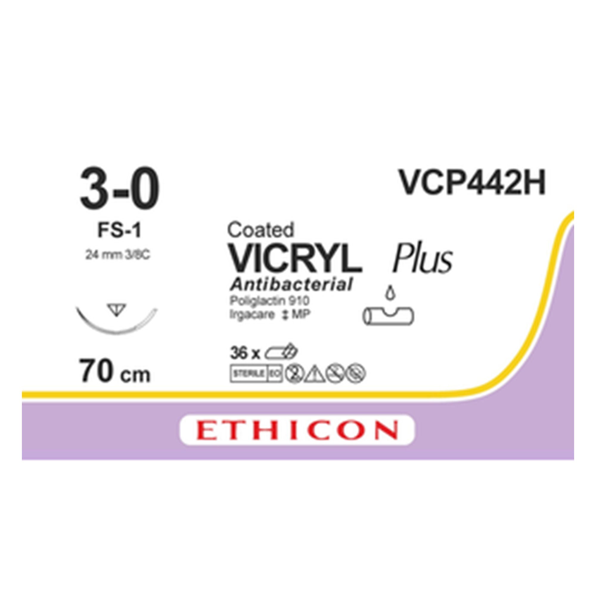 J & J Healthcare Systems - VCP442H Absorbable Antibacterial Suture with Needle Coated Vicryl™ Plus Polyglactin 910 FS-1 3/8 Circle Reverse Cutting Needle Size 3-0 Braided