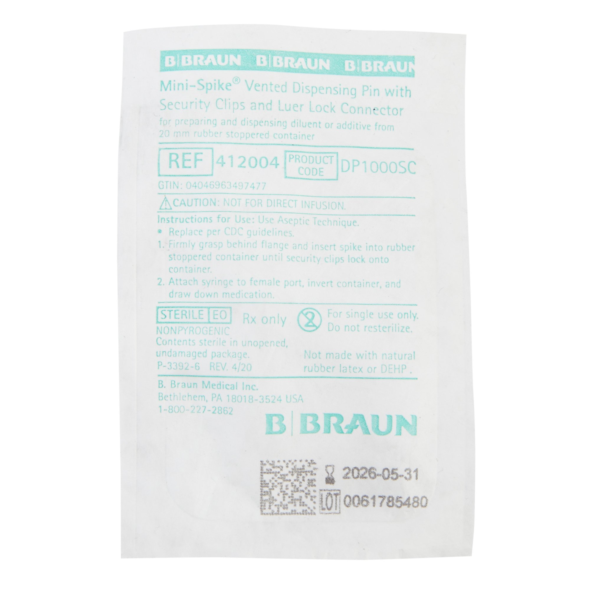 B. Braun 412004 - Mini-Spike* IV Additive/Diluent Dispensing Pin - 1/Each, 50/Case