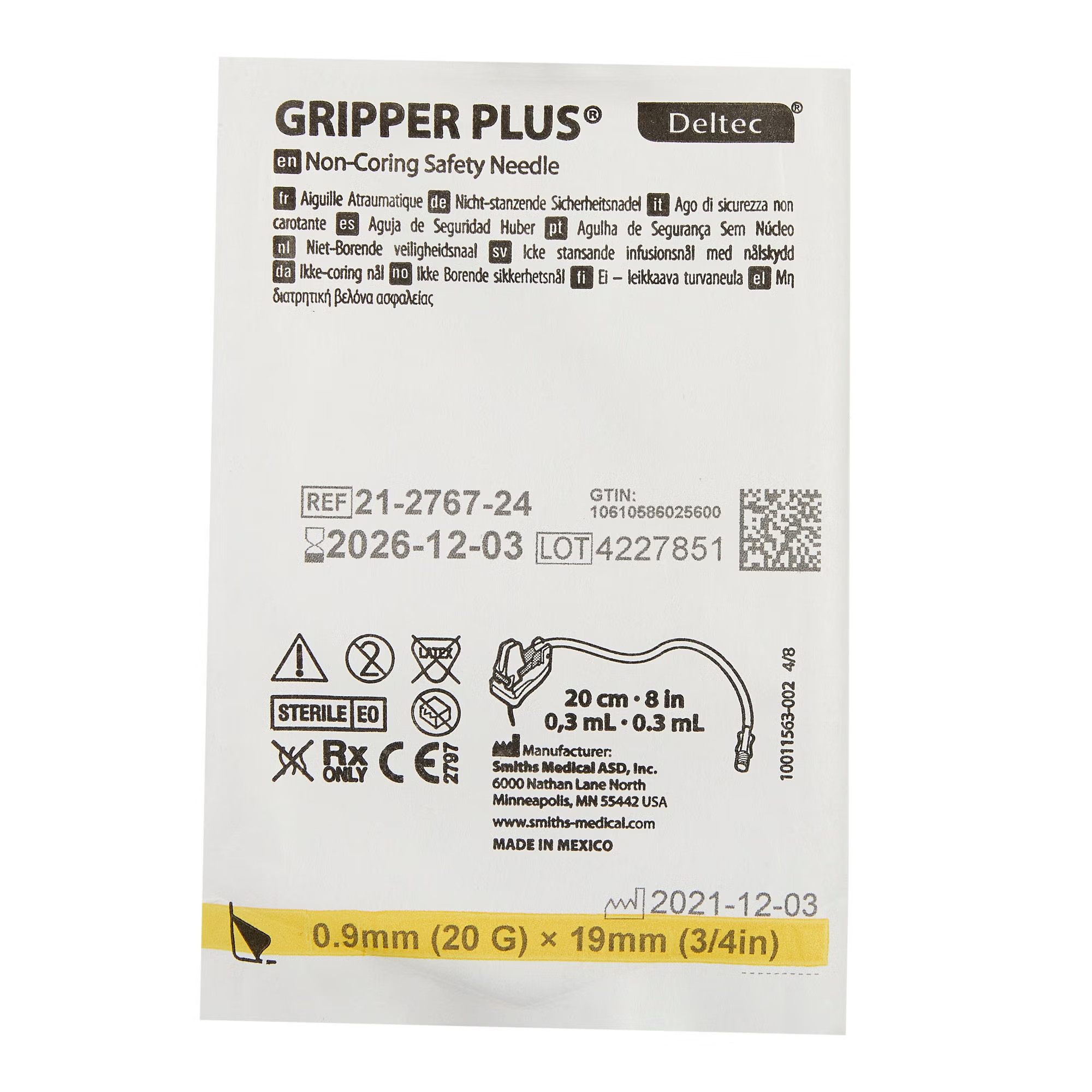 ICU Medical FKA Smiths Medical - 21-2767-24 Huber Infusion Set Gripper® Plus 20 Gauge 3/4 Inch 8 Inch Tubing Without Port