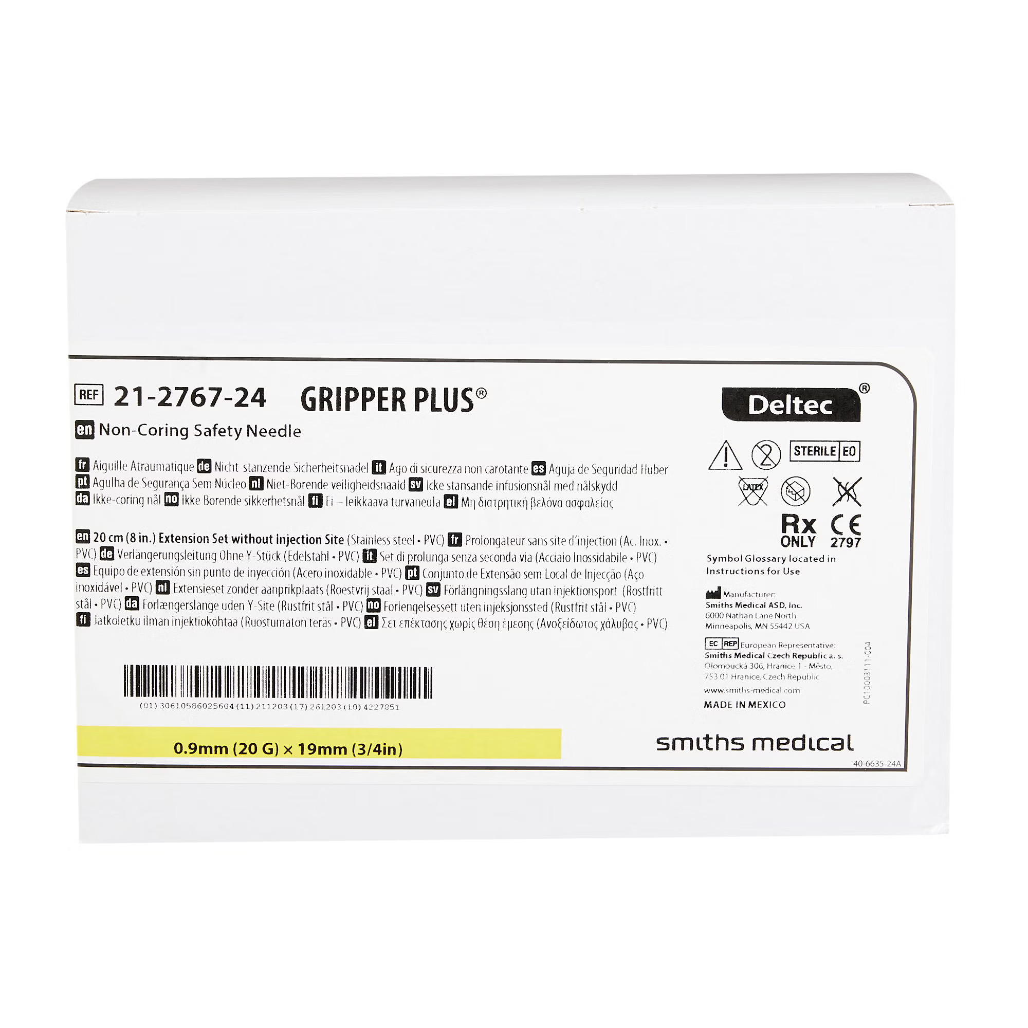 ICU Medical FKA Smiths Medical - 21-2767-24 Huber Infusion Set Gripper® Plus 20 Gauge 3/4 Inch 8 Inch Tubing Without Port