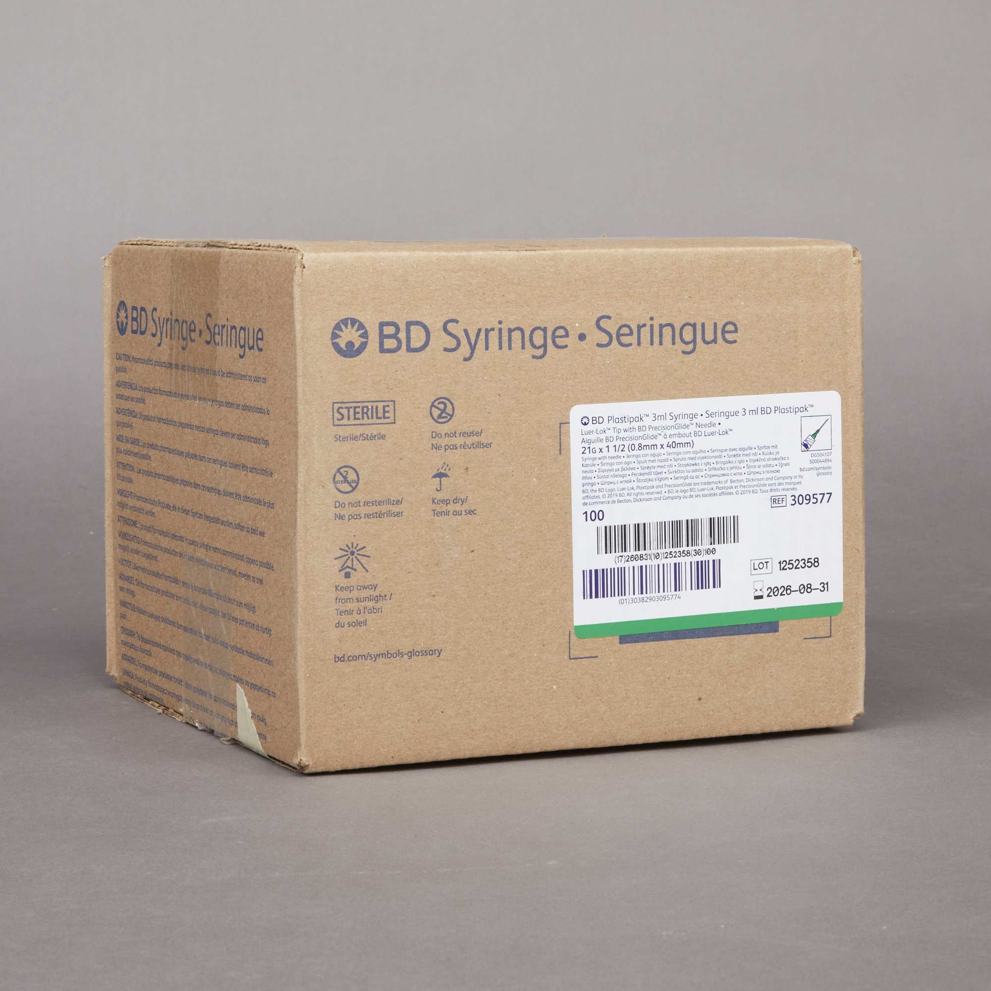 BD 309577 - PrecisionGlide™ Syringe with Hypodermic Needle, 21 Gauge, 1.5" Needle Length - 100/Box, 800/Case