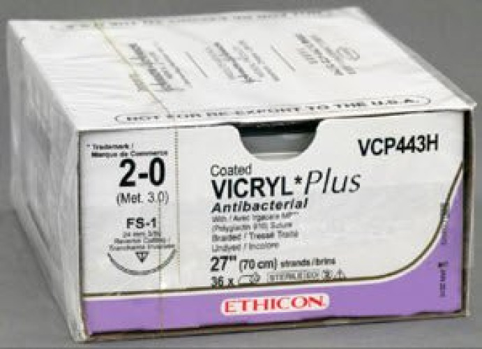 J & J Healthcare Systems - VCP443H Absorbable Antibacterial Suture with Needle Coated Vicryl™ Plus Polyglactin 910 FS-1 3/8 Circle Reverse Cutting Needle Size 2-0 Braided