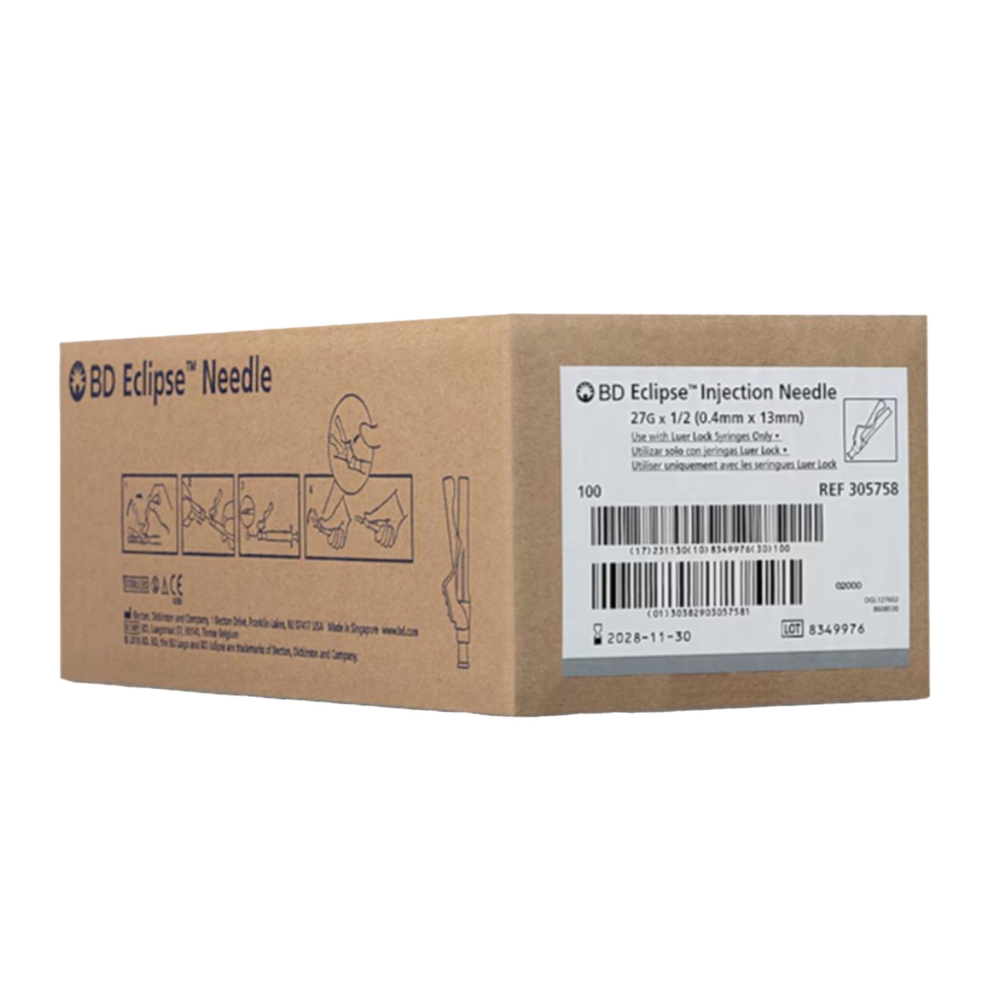 BD 305789 - Eclipse™ Safety 1 mL Hypodermic Syringe w/ Needle, 27 Gauge, 1/2" Needle Length - 50/Box, 300/Case