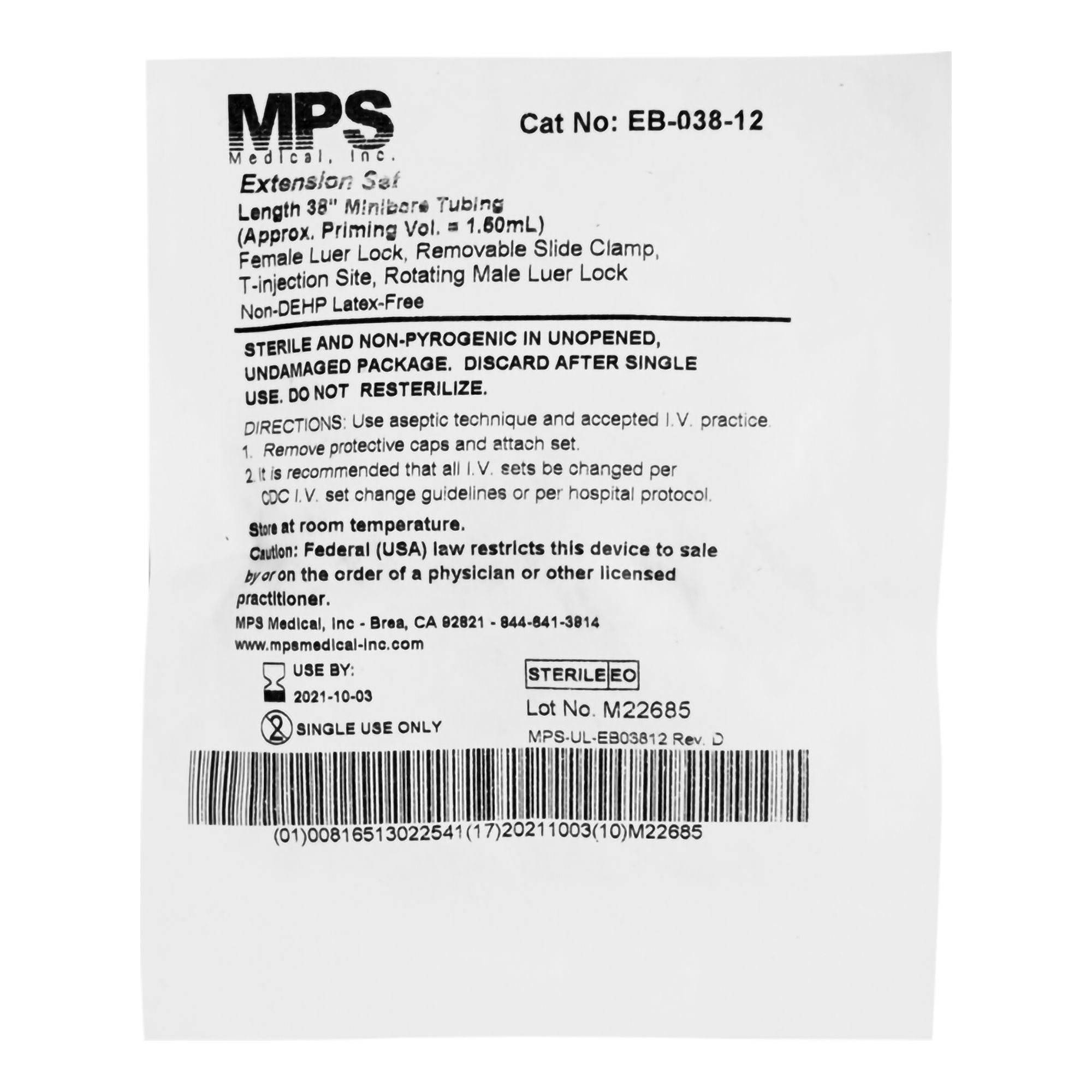 MPS Medical - EB-038-12 IV Extension Set Mini Bore 38 Inch Tubing Without Filter