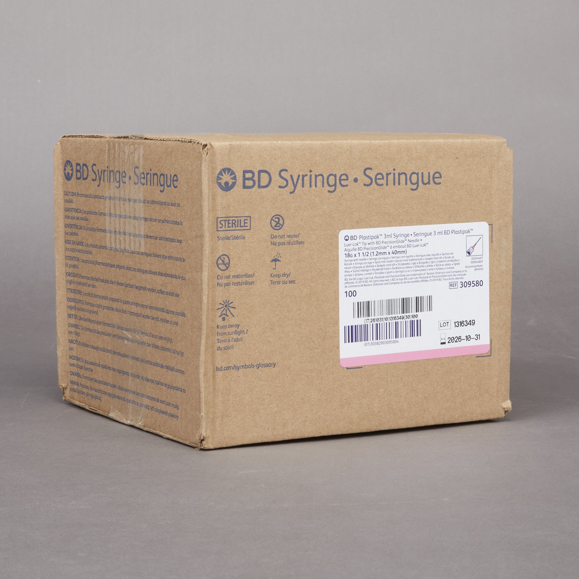 BD 309580 - PrecisionGlide™ Syringe with Hypodermic Needle,18 Gauge, 1.5" Needle Length - 100/Box, 800/Case