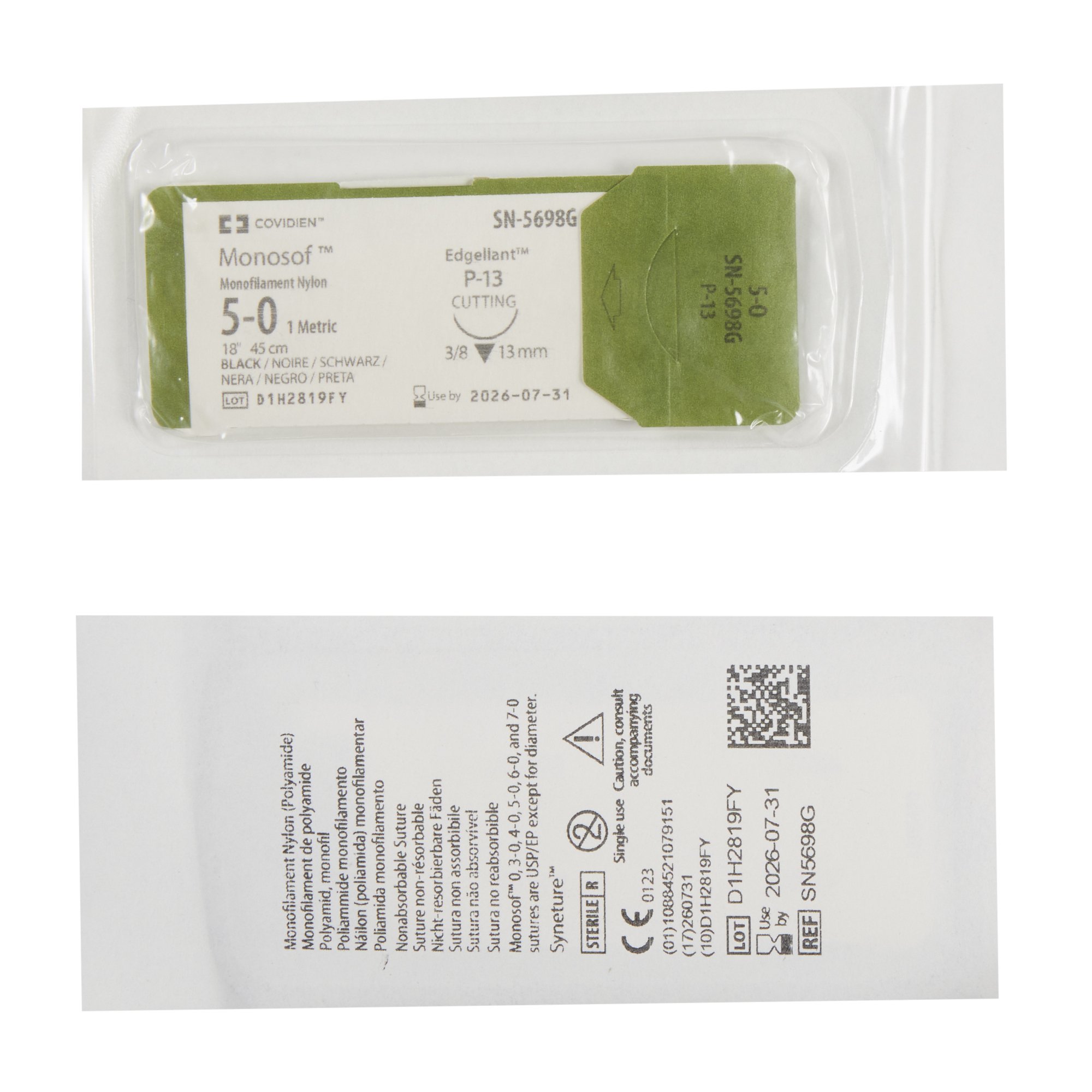 Covidien SN-5698G - Monosof™ Dermalon™ Suture with Needle, Black, Size 5-0 - 12/Box