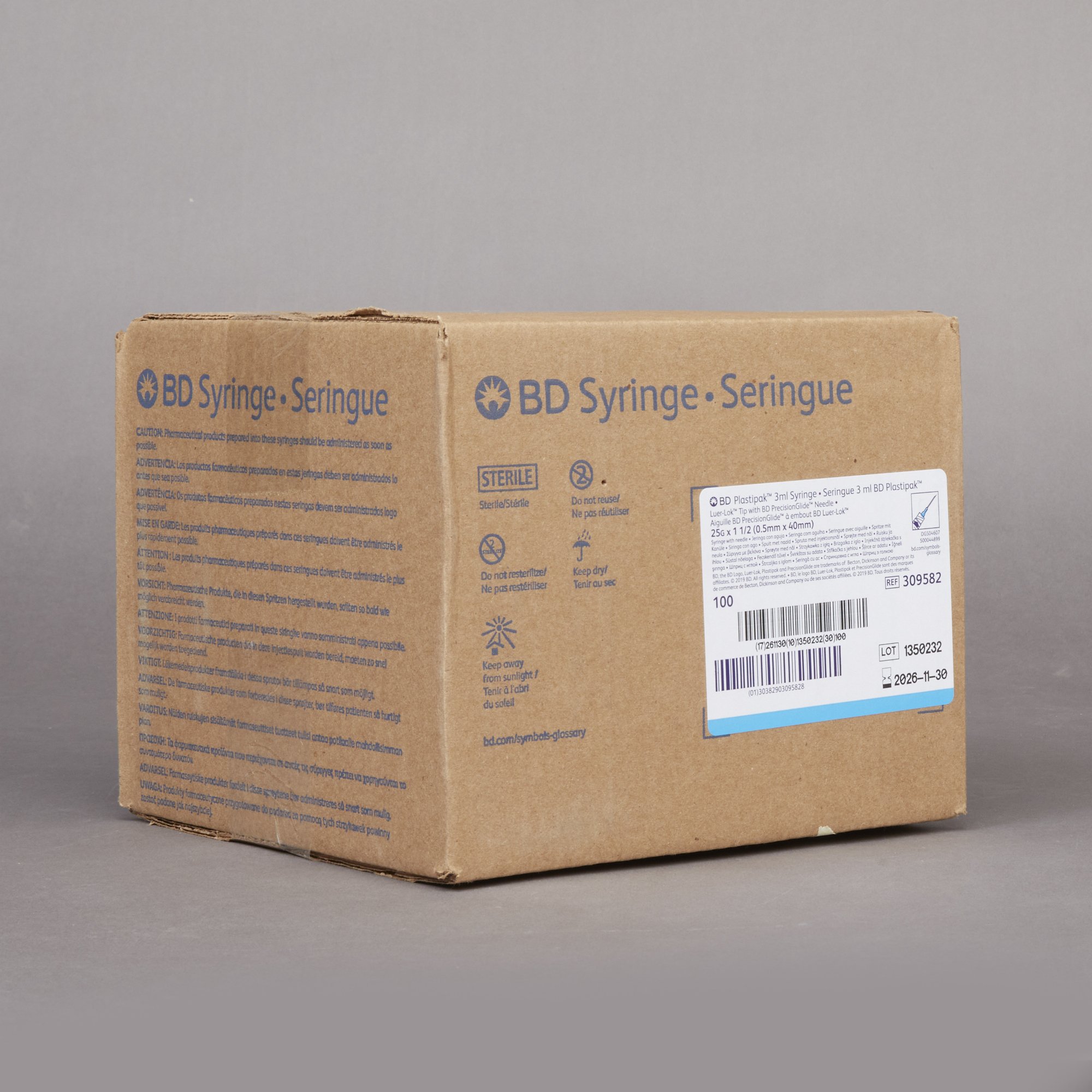BD 309582 - PrecisionGlide™ 3 mL Syringe w/ Hypodermic Needle, 25 Gauge, 1.5" Needle Length - 100/Box, 800/Case