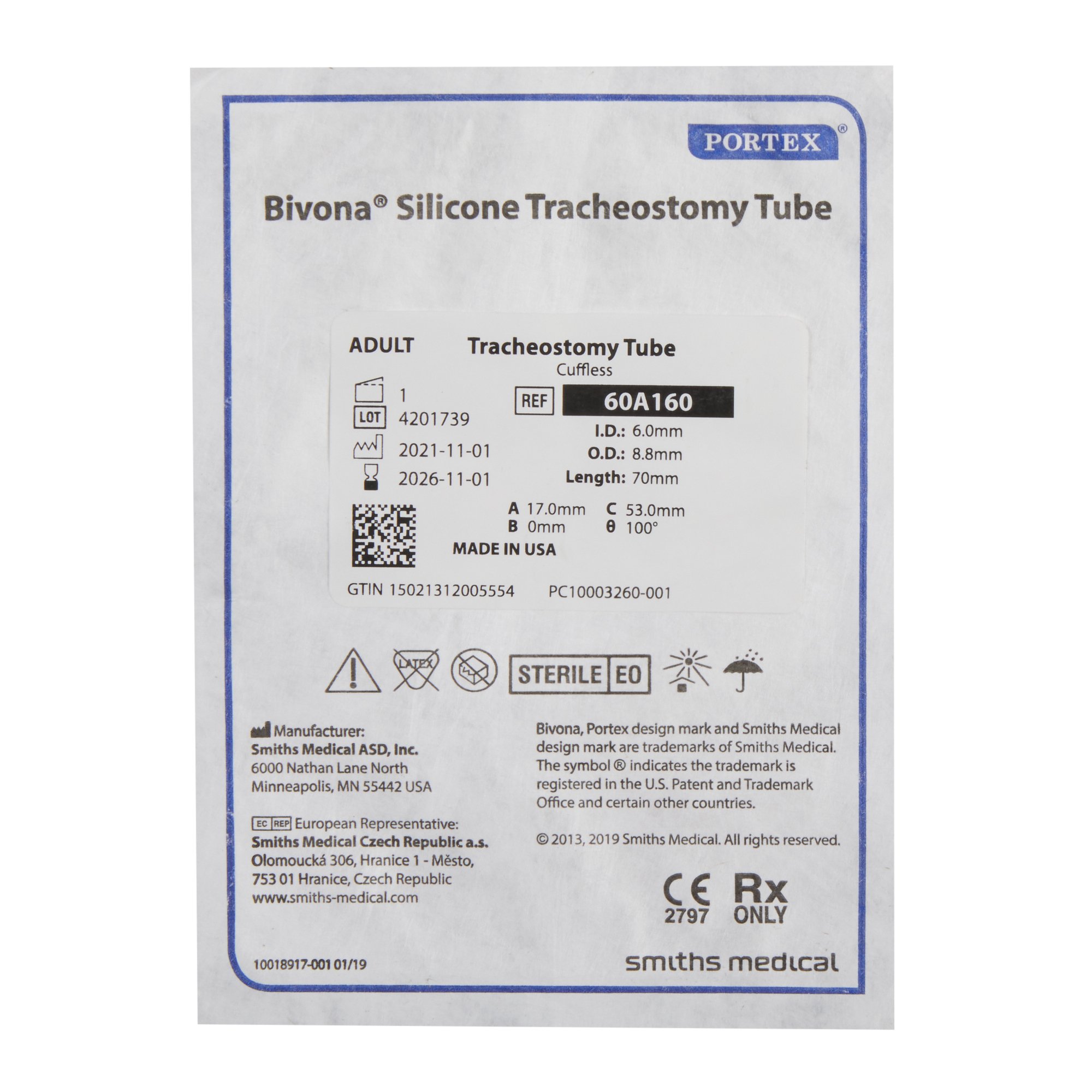 ICU Medical FKA Smiths Medical 60A160 - Bivona® Tracheostomy Tube, Uncuffed, Size 6.7 - 1/Each