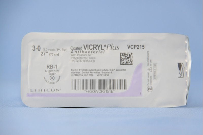 J & J Healthcare Systems - VCP215H Absorbable Antibacterial Suture with Needle Coated Vicryl™ Plus Polyglactin 910 RB-1 1/2 Circle Taper Point Needle Size 3-0 Braided
