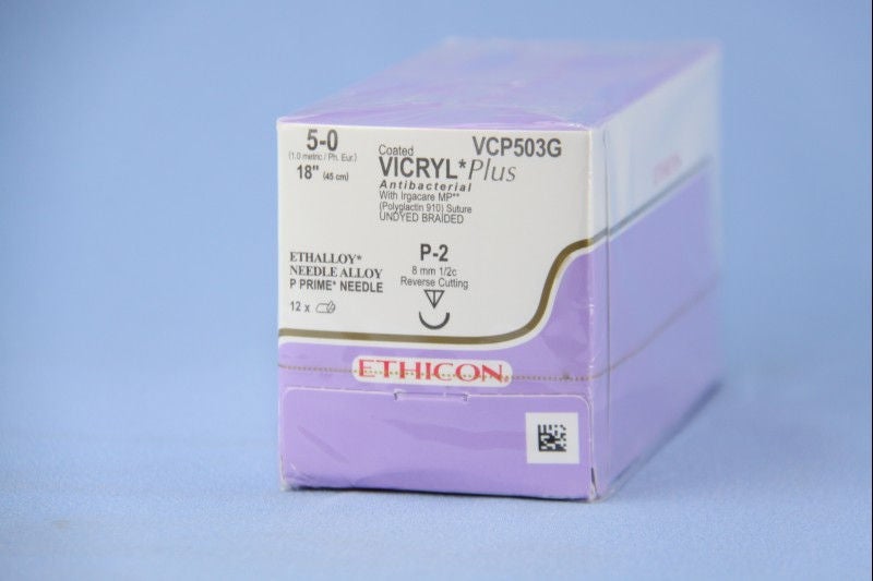 J & J Healthcare Systems - VCP503G Absorbable Antibacterial Suture with Needle Coated Vicryl™ Plus Polyglactin 910 P-2 1/2 Circle Precision Reverse Cutting Needle Size 5-0 Braided