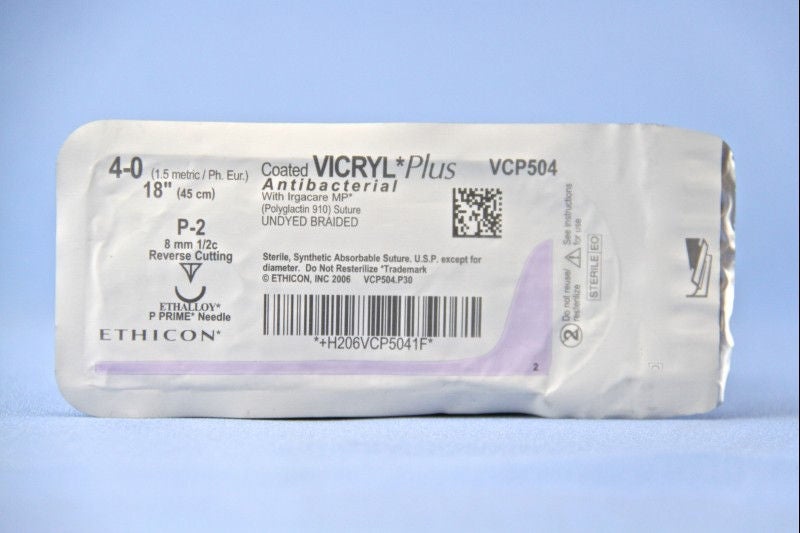 J & J Healthcare Systems - VCP504G Absorbable Antibacterial Suture with Needle Coated Vicryl™ Plus Polyglactin 910 P-2 1/2 Circle Precision Reverse Cutting Needle Size 4-0 Braided