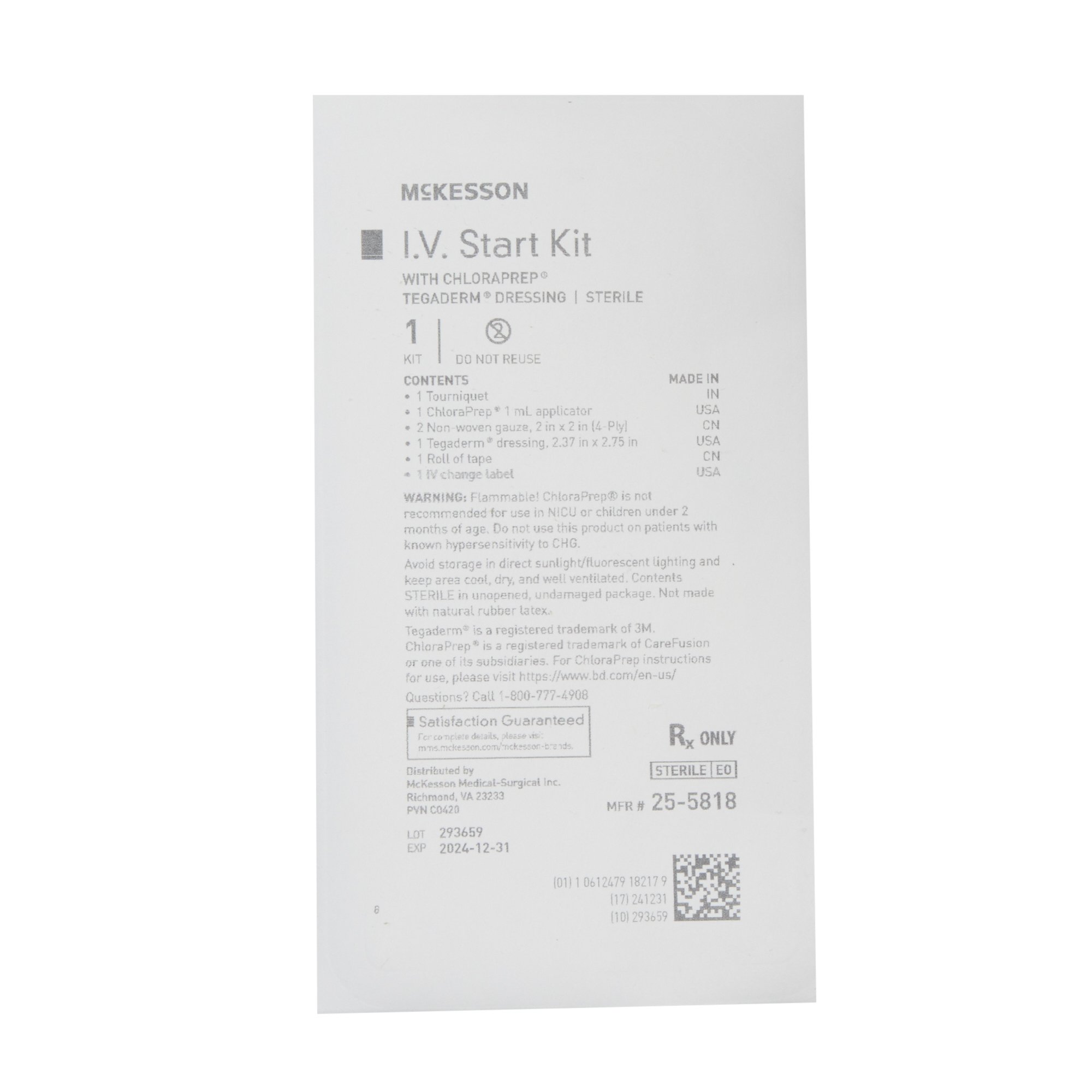 McKesson Brand - 25-5818 McKesson IV Start Kit with ChloraPrep® Sepp® and Tegaderm™ Dressing