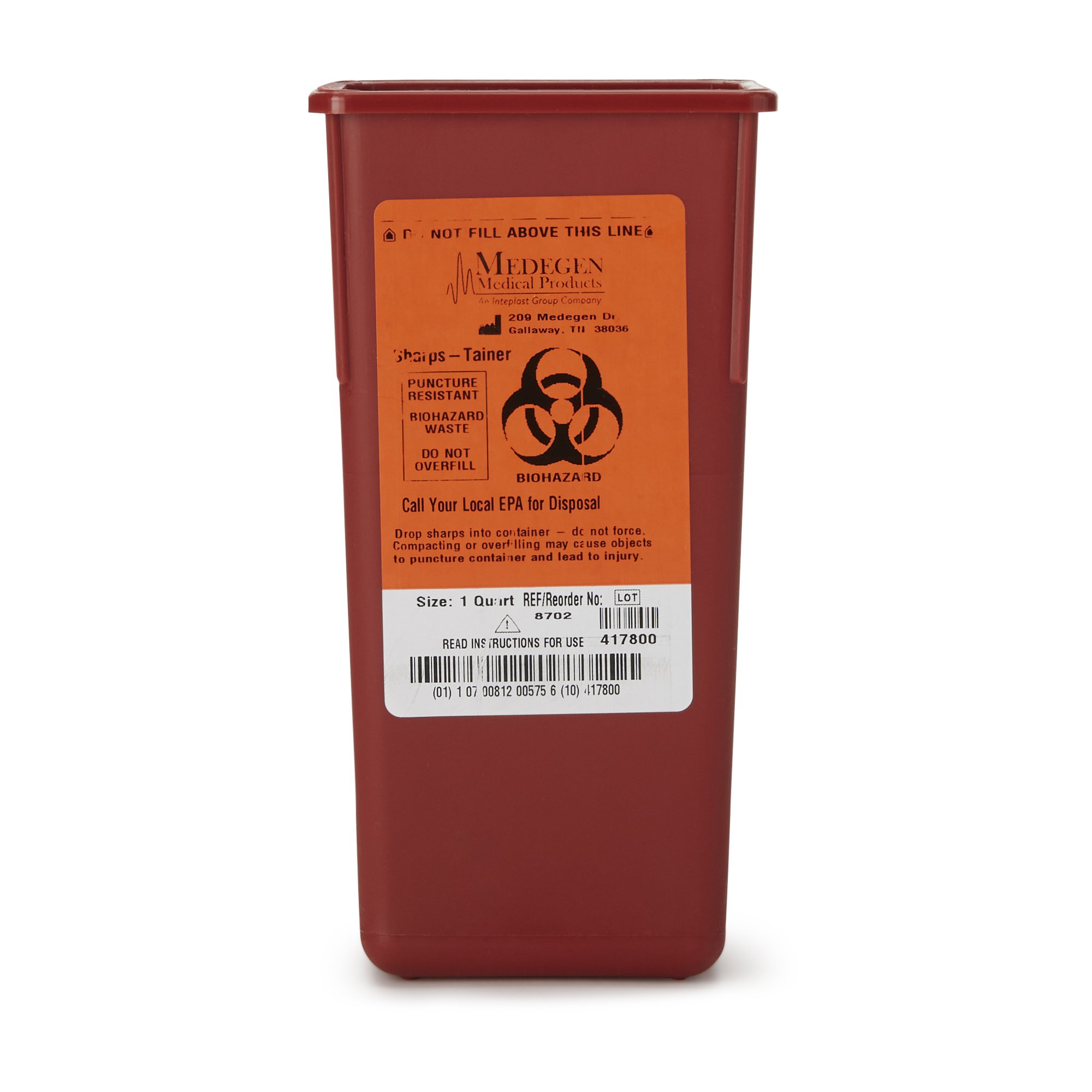 Medegen Medical Products LLC 8702 - Sharps® Multi-purpose Sharps Container, 1 Quart, 7 x 3-1/2 x 3-1/2 Inch - 1/Each, 72/Case