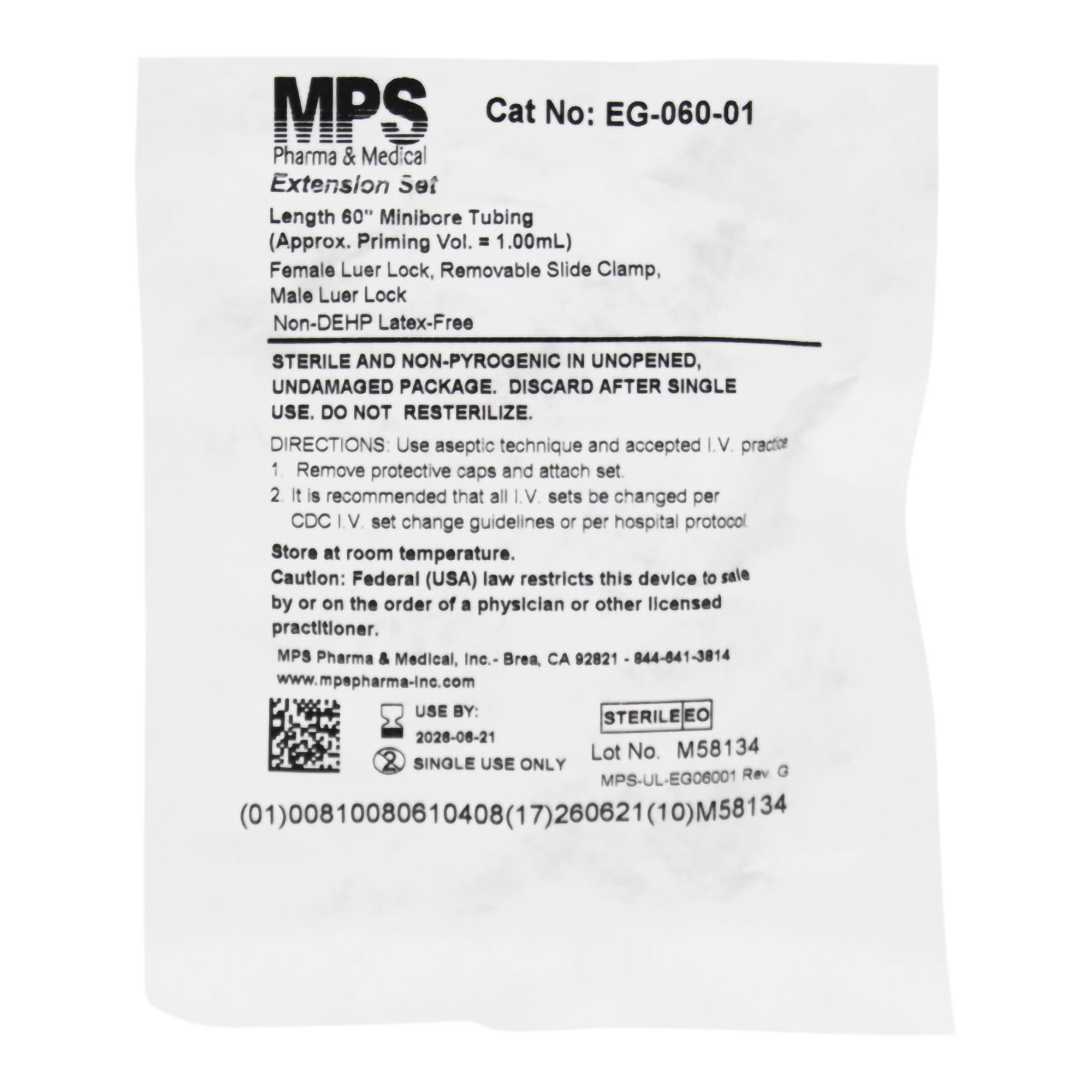 MPS Medical - EG-060-01 IV Extension Set Mini Bore 60 Inch Tubing