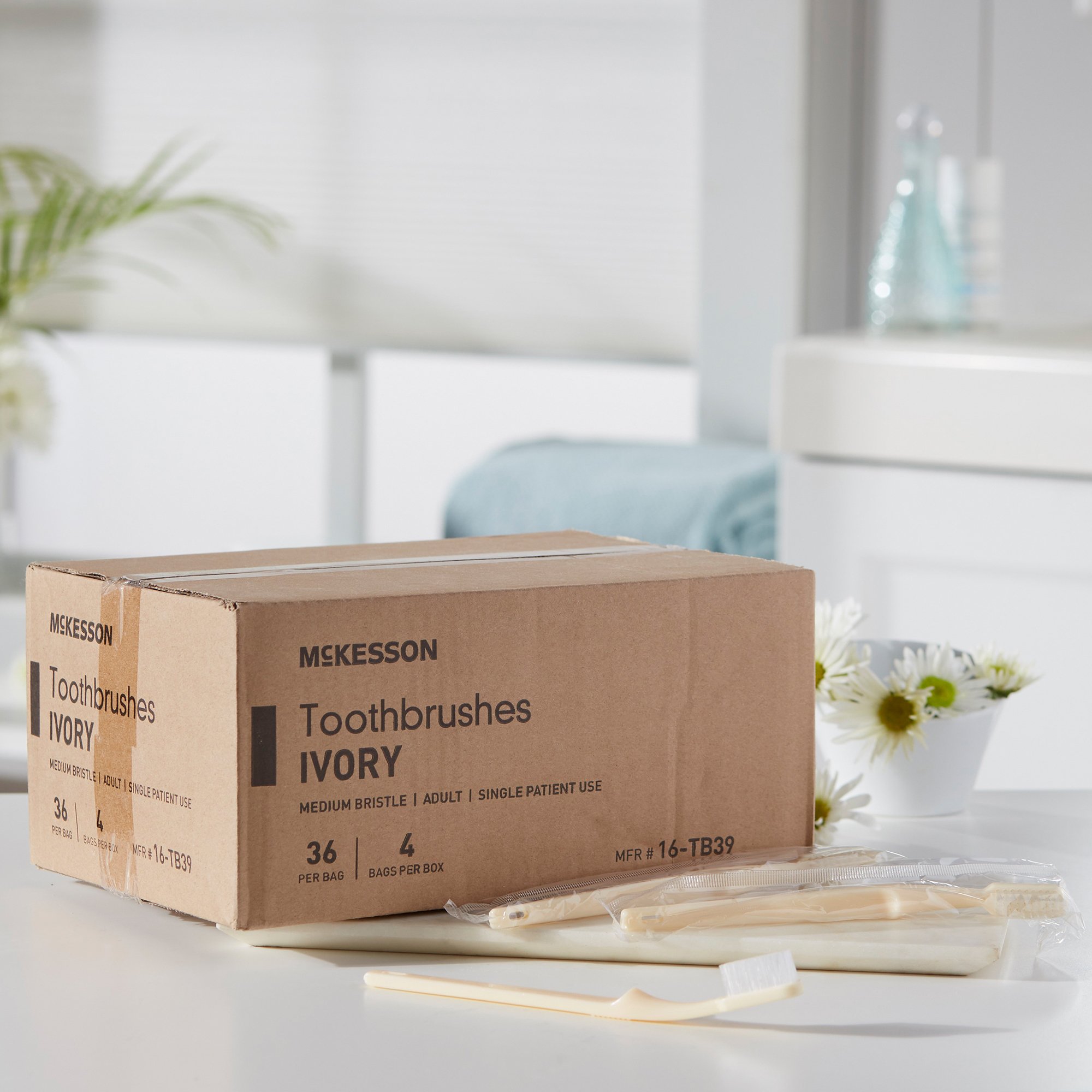McKesson Brand 16-TB39 - McKesson Toothbrush, Ivory, Medium, Curved Handle - 1/Each, 144/Box, 1440/Case
