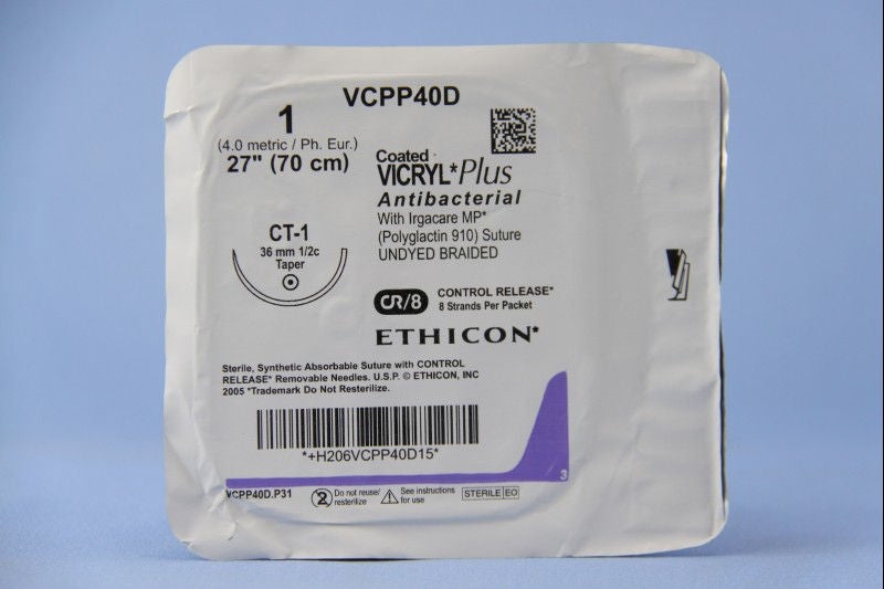 J & J Healthcare Systems - VCPP40D Absorbable Antibacterial Suture with Needle Coated Vicryl™ Plus Polyglactin 910 CT-1 1/2 Circle Taper Point Needle Size 1 Braided