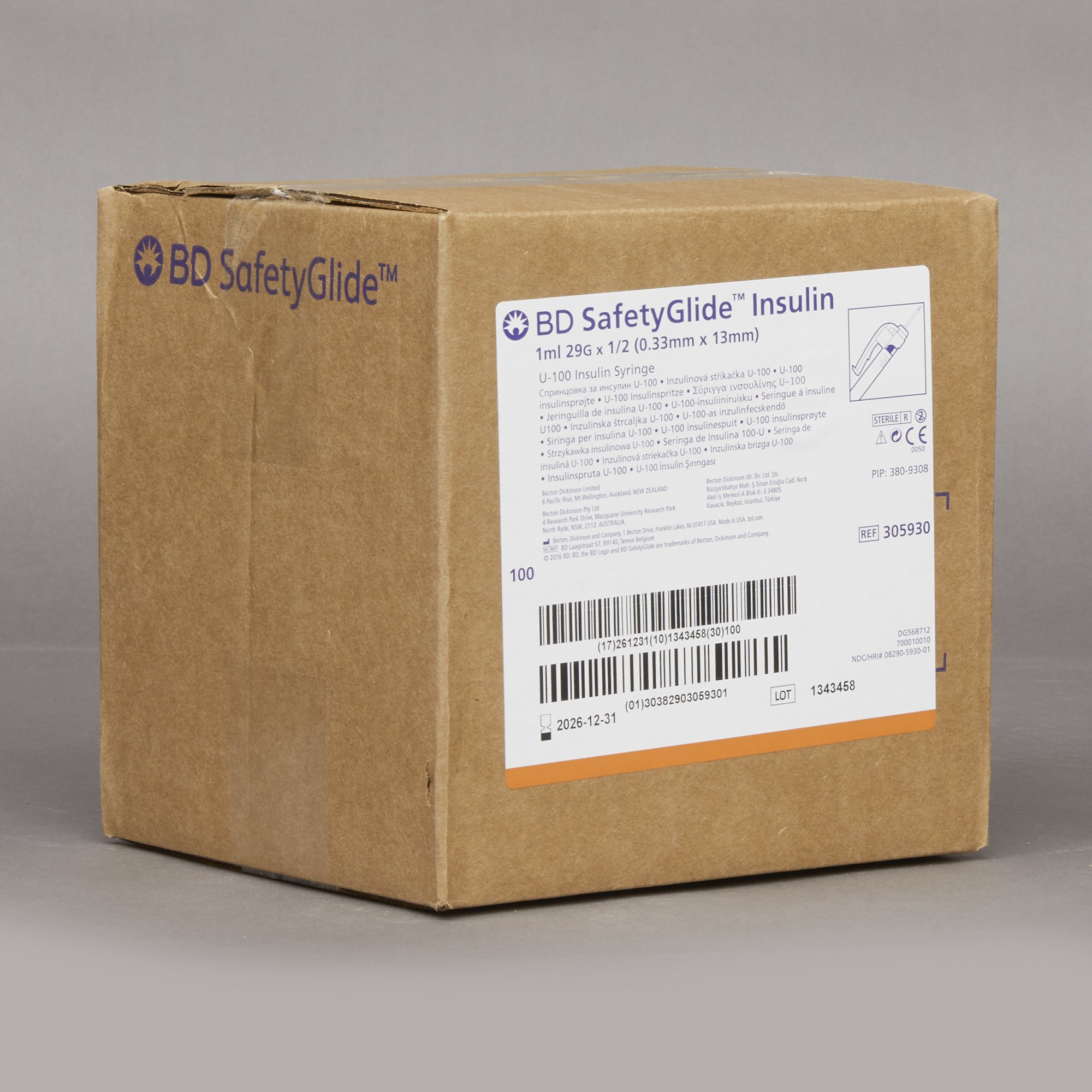 Embecta Medical II LLC 305930 - SafetyGlide™ Insulin Syringe with Needle, 29 Gauge, 1/2 Inch Needle Length - 1/Each, 100/Box, 400/Case