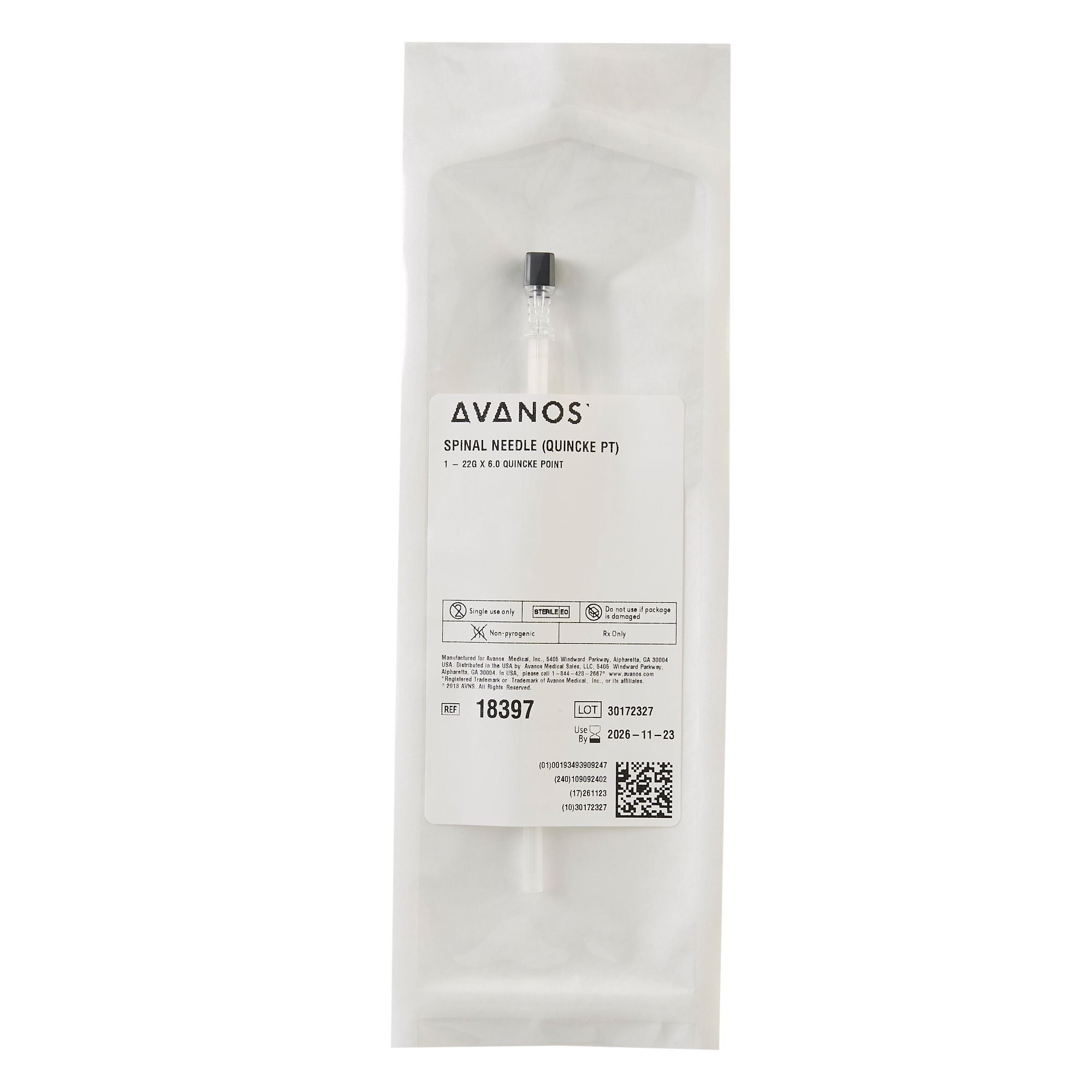 Avanos Medical Sales LLC - 18397 Spinal Needle AVANOS* Quincke Style 22 Gauge 6 Inch Length Sterile