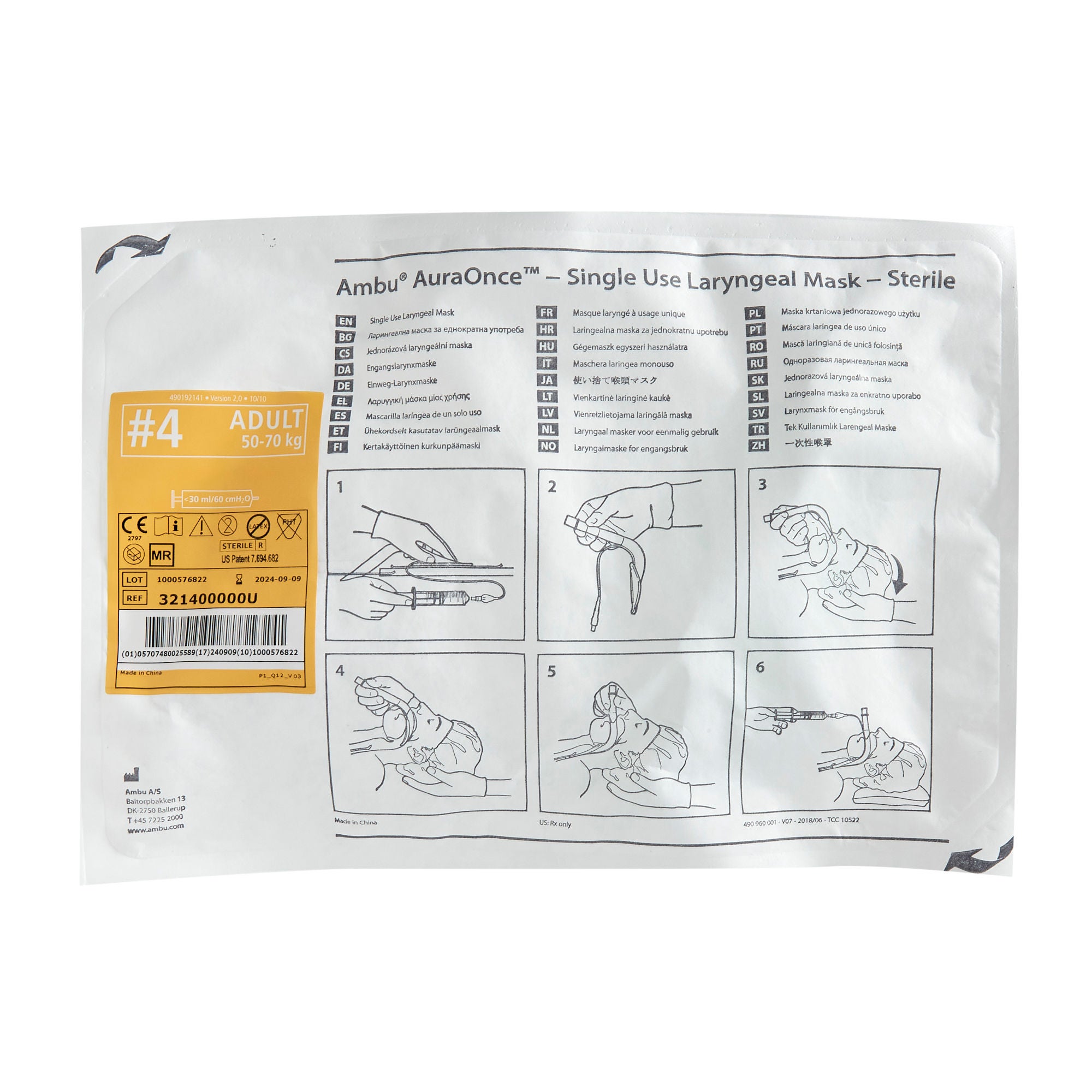 Ambu - 321400000U Curved Laryngeal Mask AuraOnce™ Size 4 30 mL Cuff PP / PVC / Silicone Single Patient Use Sterile
