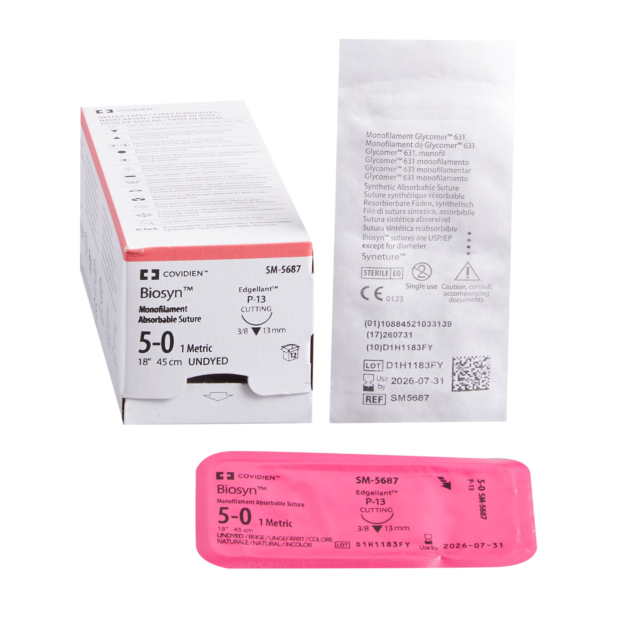 Covidien - SM-5687 Absorbable Suture with Needle Biosyn™ Polyester P-13 3/8 Circle Precision Reverse Cutting Needle Size 5-0 Monofilament