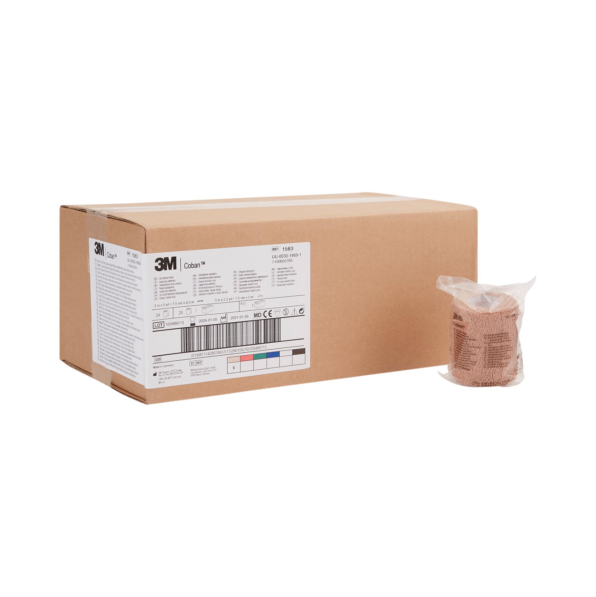 Solventum Corporation 1583 - 3M™ Coban™ Self-adherent Closure Cohesive Bandage, 3 Inch x 5 Yard, Tan - 1/Roll, 24/Case