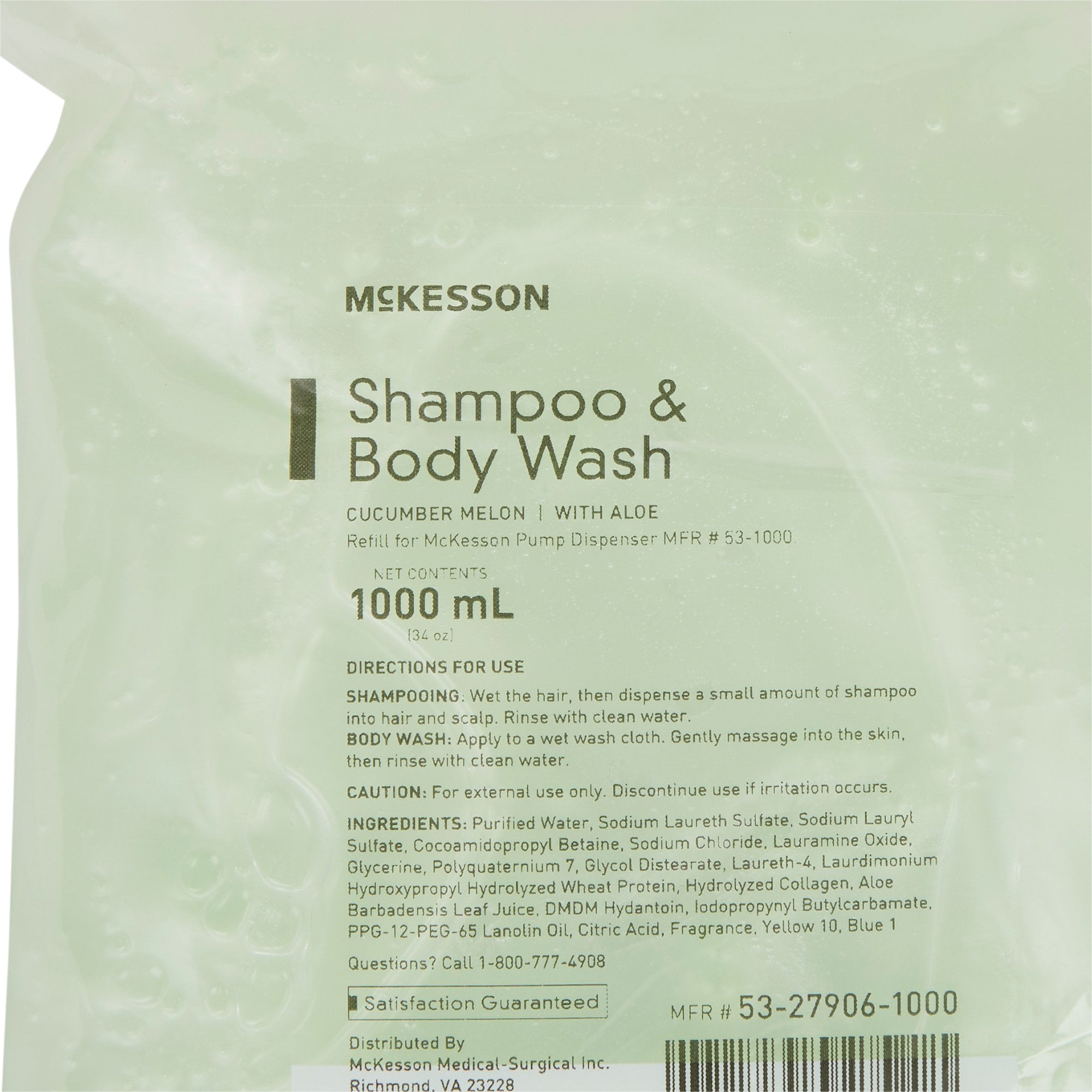McKesson Brand 53-27906-1000 - McKesson Shampoo and Body Wash Dispenser Refill Bag 1000 mL, Cucumber Melon - 1/Each, 10/Case