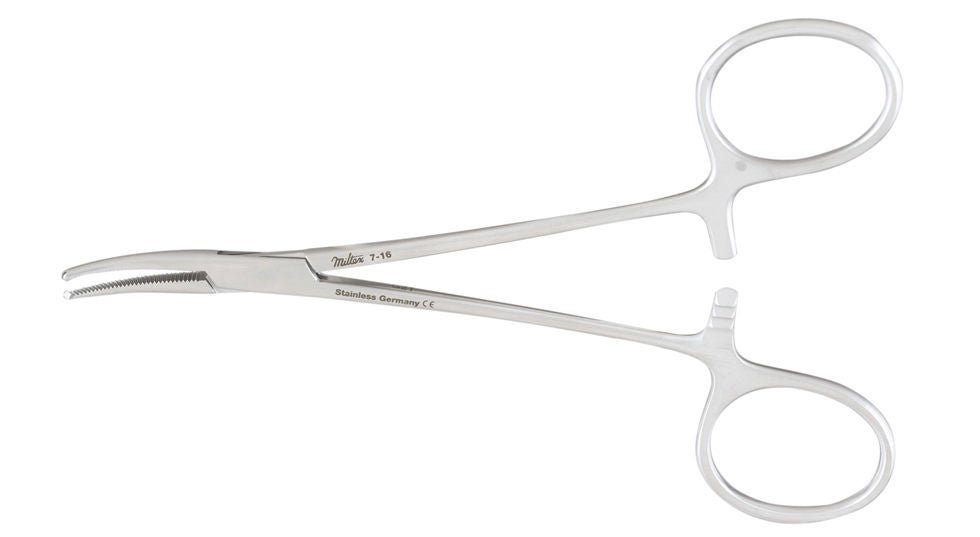Integra Lifesciences - 7-16 Mosquito Forceps Miltex® Halsted 5 Inch Length OR / Surgical Grade German Stainless Steel NonSterile Locking Finger Ring Handle Curved Serrated Tips with 1 X 2 Teeth