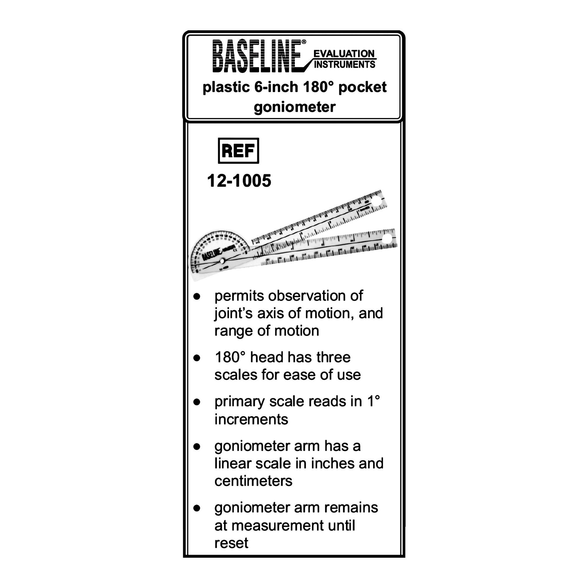 Fabrication Enterprises 12-1005 - Baseline® 180° Head Plastic Goniometer, 6 Inch Arms - 1/Each