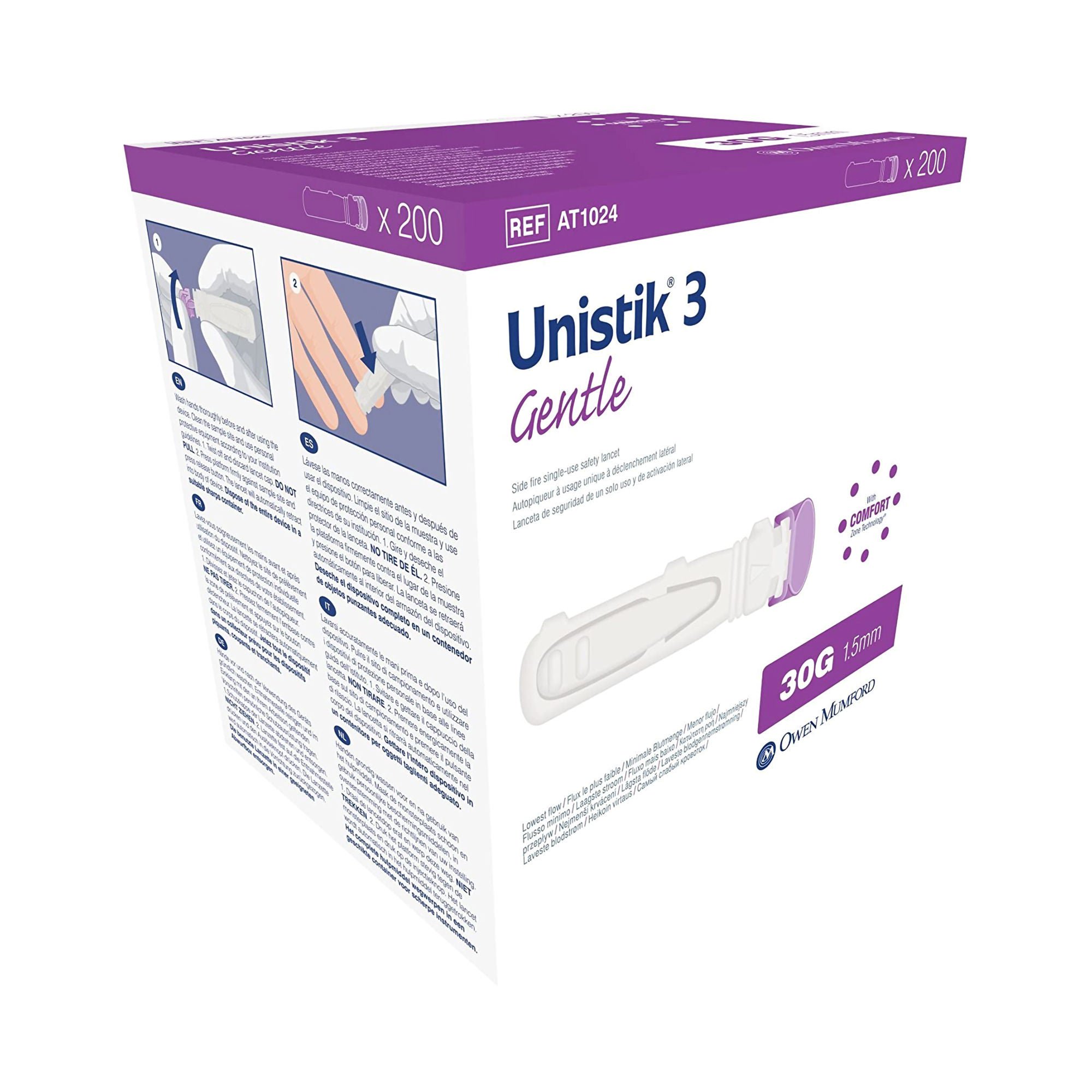 Owen Mumford - AT 1042 Unistik® 3 Comfort Safety Lancet for Low Flow Blood Glucose Testing