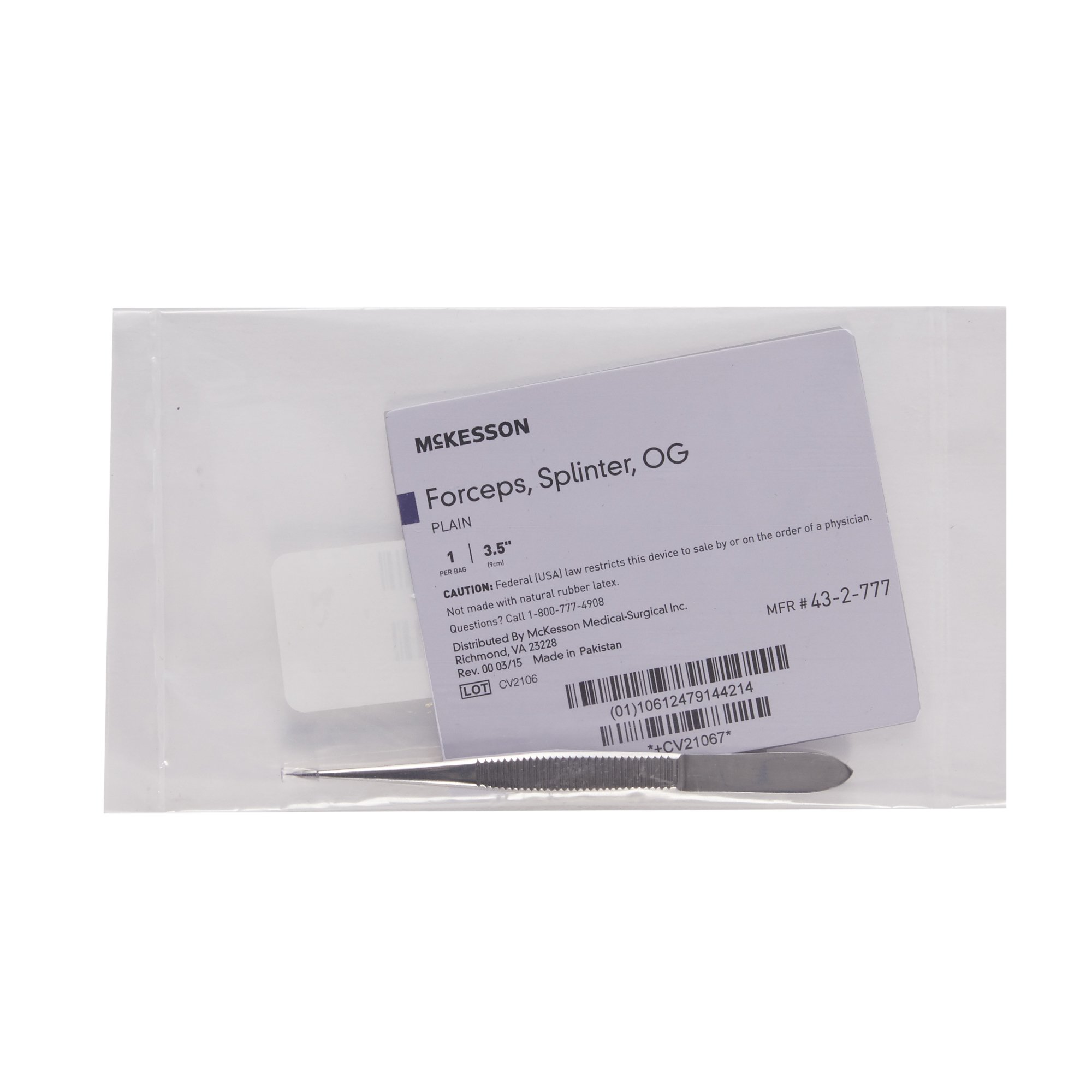 McKesson Brand 43-2-777 - McKesson Plain Splinter Forceps, 3.5 in - 1/Each