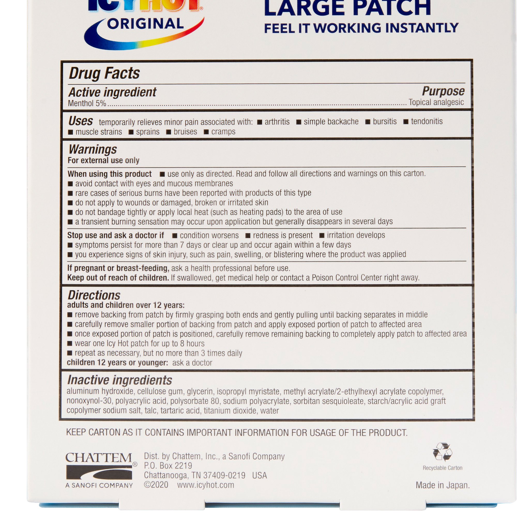 Chattem - 41167004843 Icy Hot® Original Pain Relief Patches