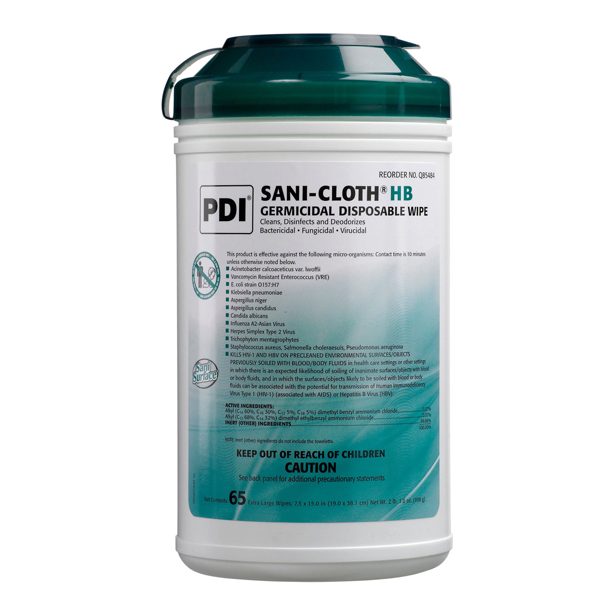 Professional Disposables - Q85484 Surface Disinfectant Sani-Cloth® HB Premoistened Quaternary Based Manual Pull Wipe 65 Count Canister Ammonia Scent NonSterile