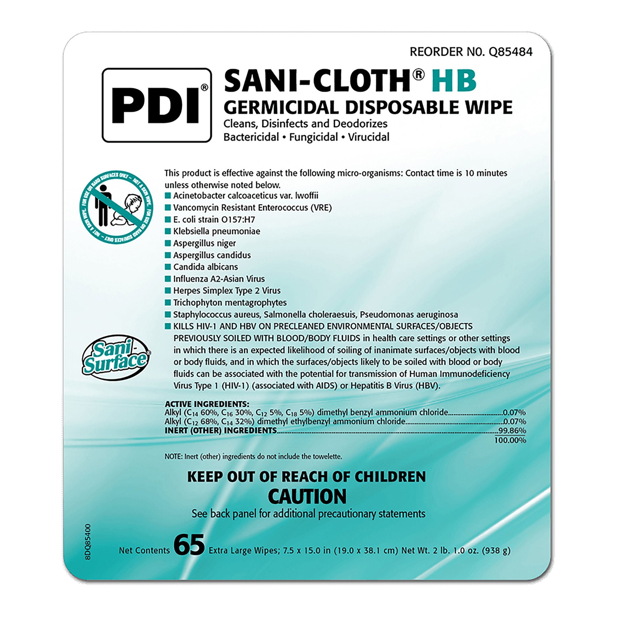 Professional Disposables - Q85484 Surface Disinfectant Sani-Cloth® HB Premoistened Quaternary Based Manual Pull Wipe 65 Count Canister Ammonia Scent NonSterile