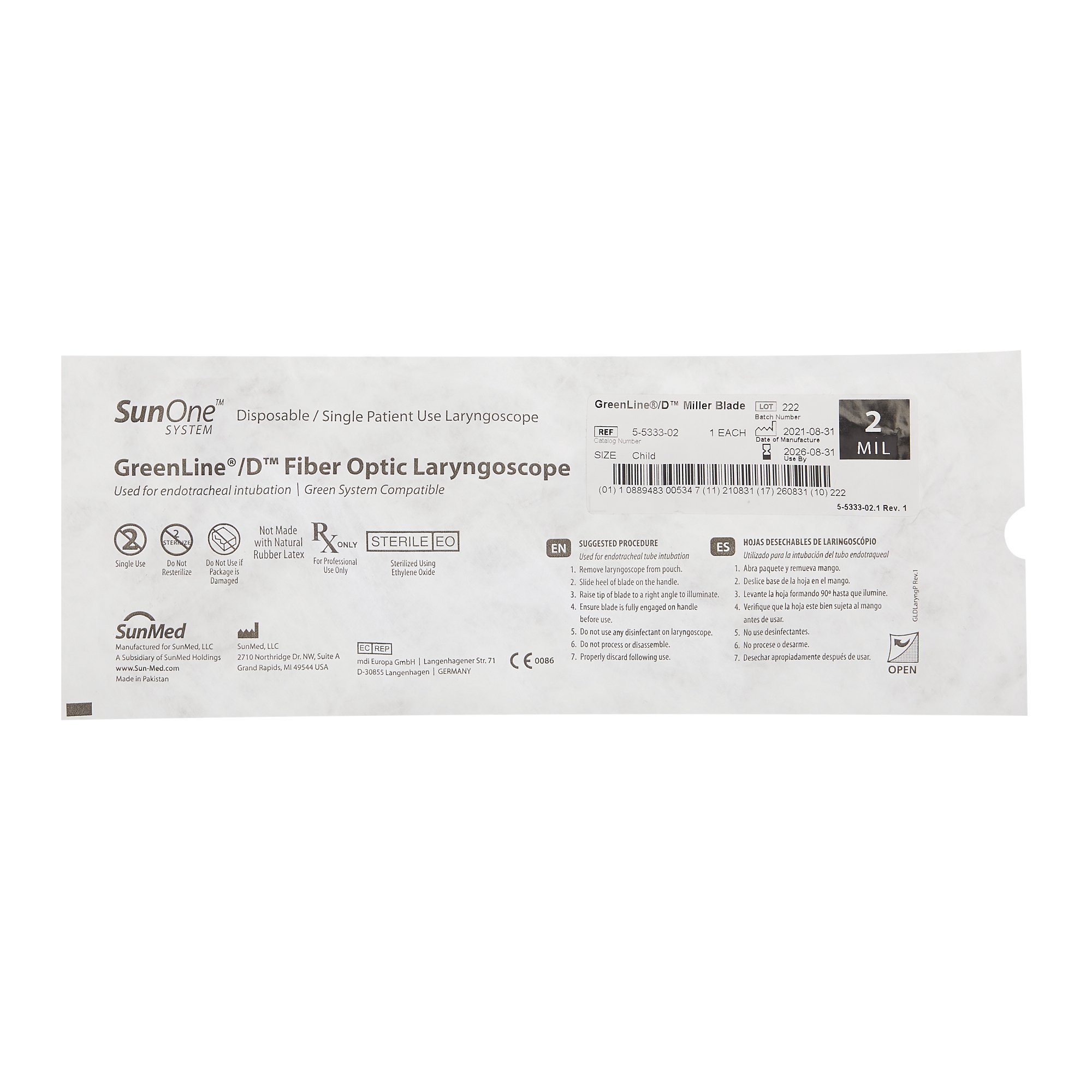 Sun Med 5-5333-02 - GreenLine® / D Laryngoscope Blade - 1/Each, 20/Box