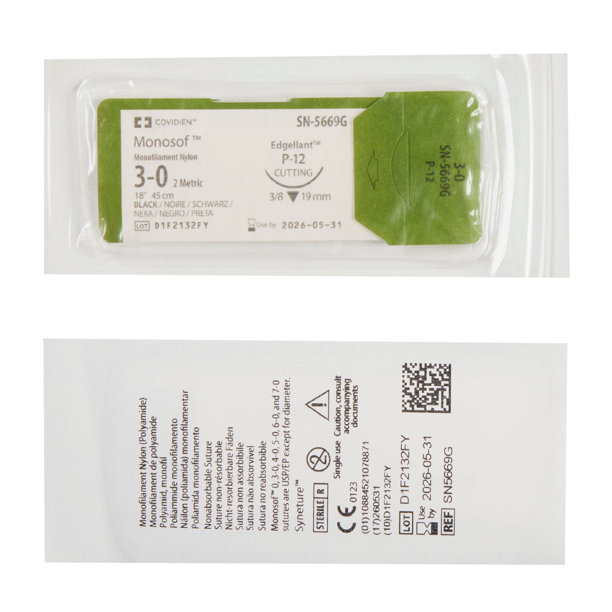 Covidien - SN-5669G Nonabsorbable Suture with Needle Monosof™ Nylon P-12 3/8 Circle Precision Reverse Cutting Needle Size 3-0 Monofilament