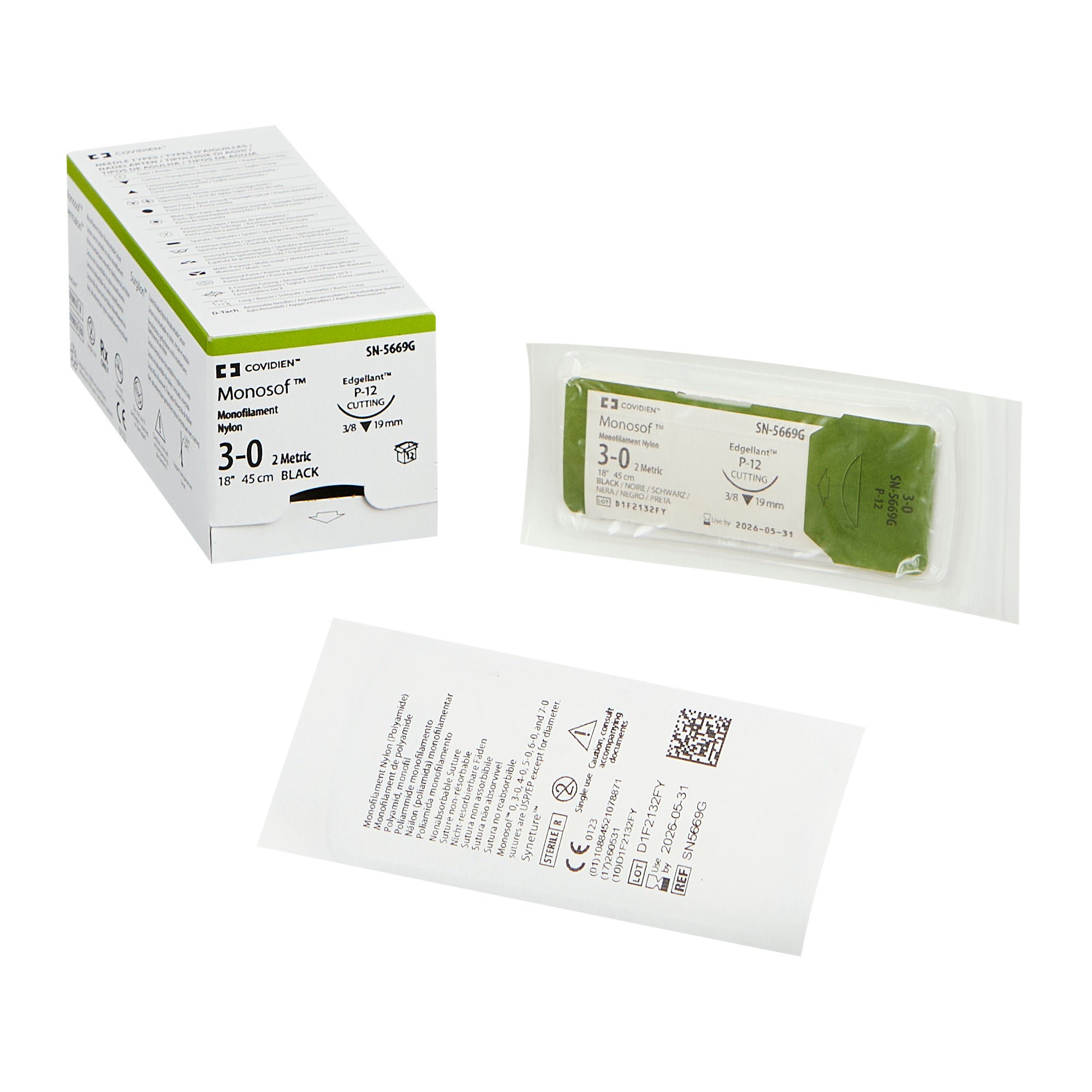 Covidien - SN-5669G Nonabsorbable Suture with Needle Monosof™ Nylon P-12 3/8 Circle Precision Reverse Cutting Needle Size 3-0 Monofilament