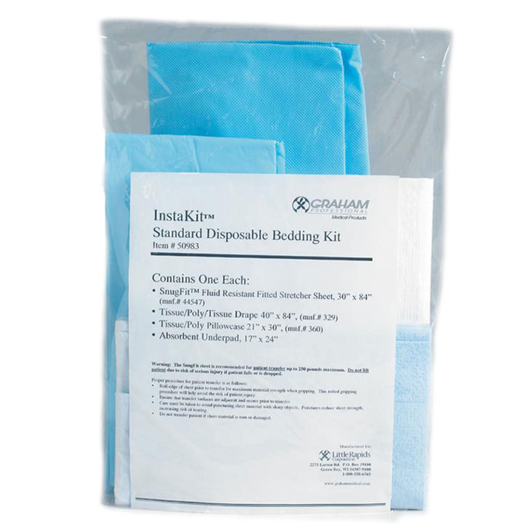 Graham Medical Products - 50983 Stretcher Sheet Set InstaKit® Flat Sheet / Fitted Sheet / Pillowcase / Absorbent Underpad Blue / White Tissue / Poly / Tissue Sheet