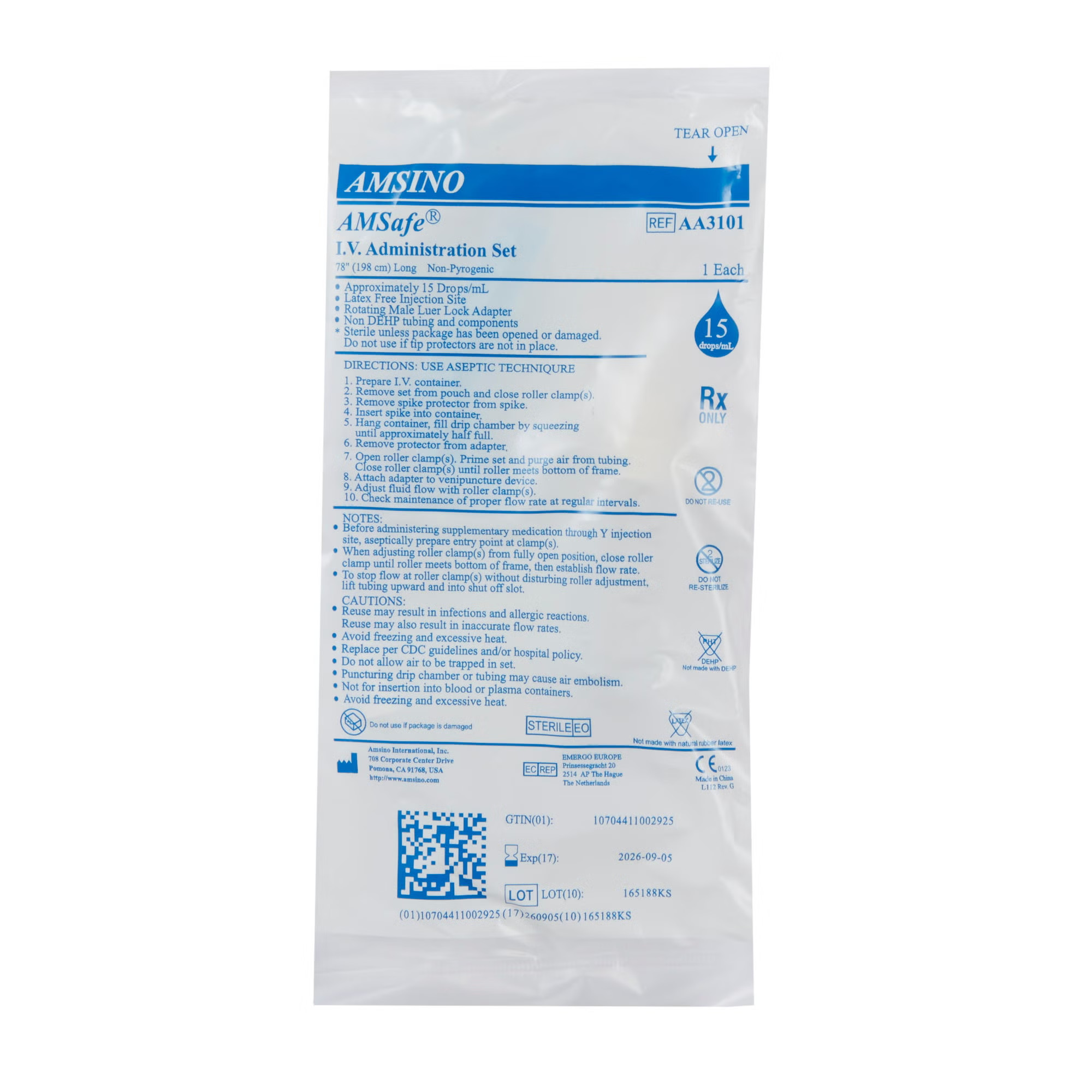 Amsino International - AA3101 Primary IV Administration Set AMSafe® Gravity 1 Port 15 Drops / mL Drip Rate Without Filter 78 Inch Tubing Solution Without Flow Regulator