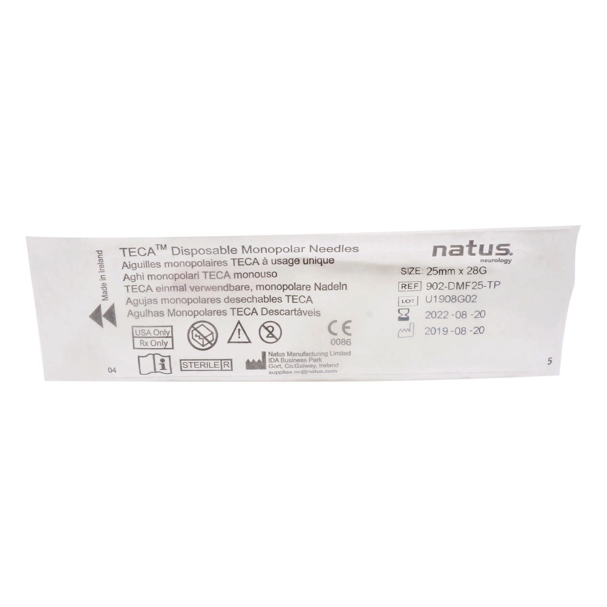 Natus Medical - 902-DMF25-TP EMG Needle Electrode with Leadwire Teca® 28 Gauge X 1 Inch Length X 24 Inch Lead Length Coated Stainless Steel Sterile Monopolar Needle Tip Disposable