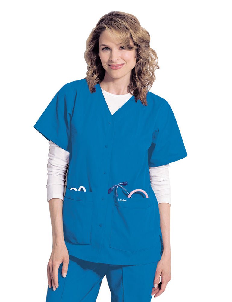 Landau Uniforms - 8232BKPLGE Provider Scrub Shirt Landau Essentials Large Black 4 Pockets Short Sleeve Female