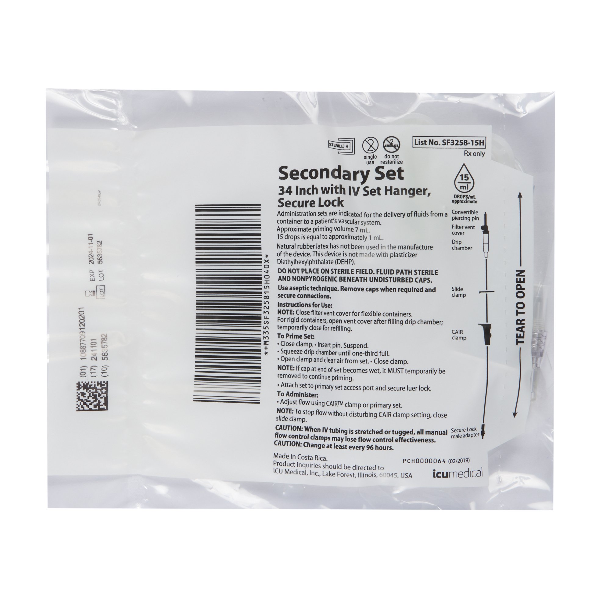 ICU Medical SF3258-15H - ICU Medical Secondary Administration Set - 50/Case
