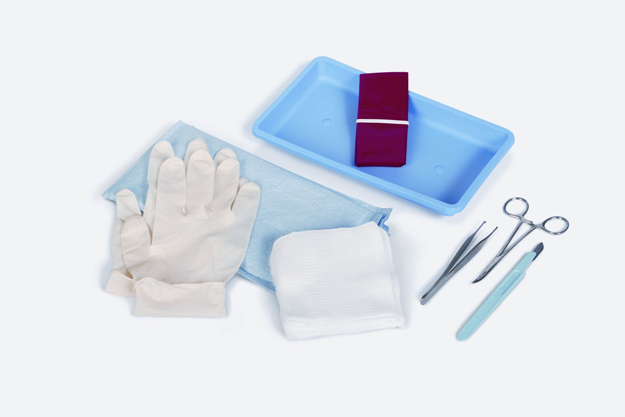 Medline - DYNJ08831 Debridement Tray Iris Scissors Straight, Adson Thumb Forceps (1 X 2 Inch Teeth), Mosquito Forceps Curved, Scalpel (No. 10), (15) 8-Ply 4 X 4 Inch Gauze, Red Polybag with Twist Tie, Latex Exam Gloves, (2) 17 X 20 Inch Blue Blotting Towe