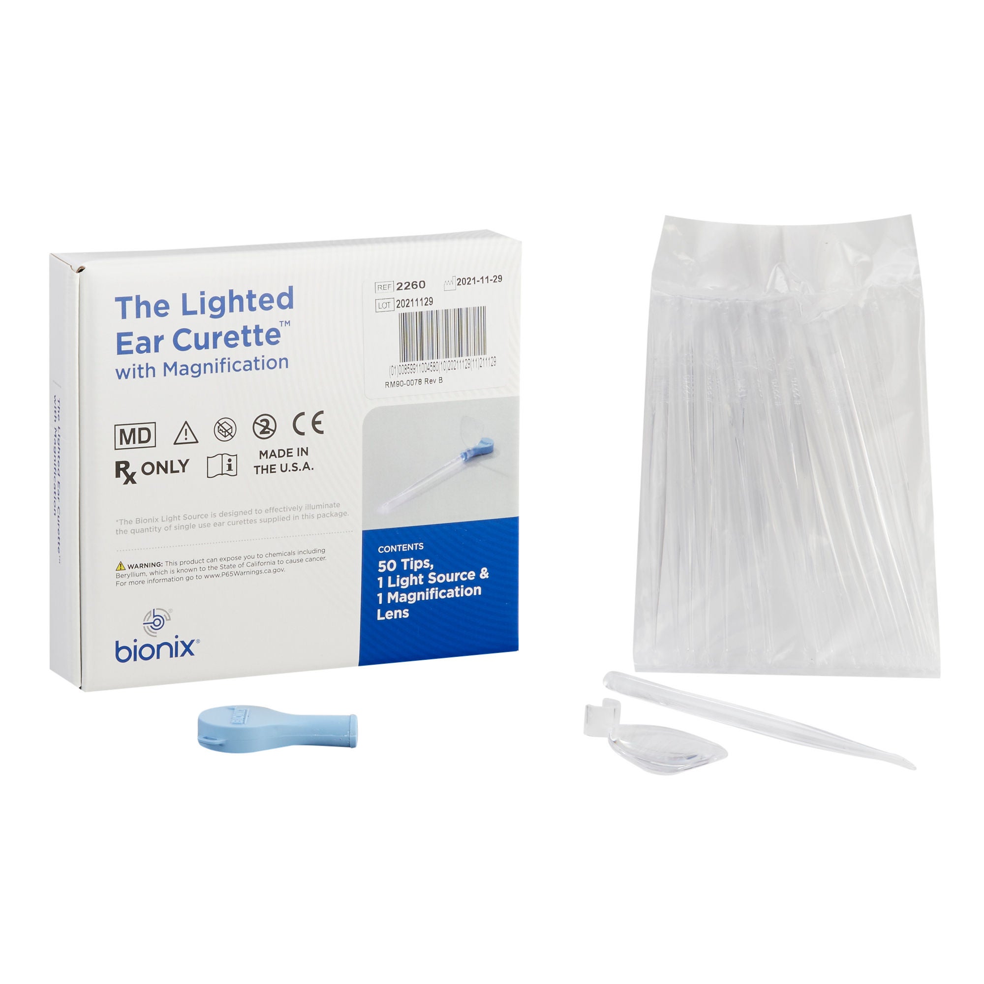 Bionix - 2260 Ear Curette Kit with Non-Rechargeable Light InfantScoop® Round Handle 2 mm Tip Straight Oval Cup Tip