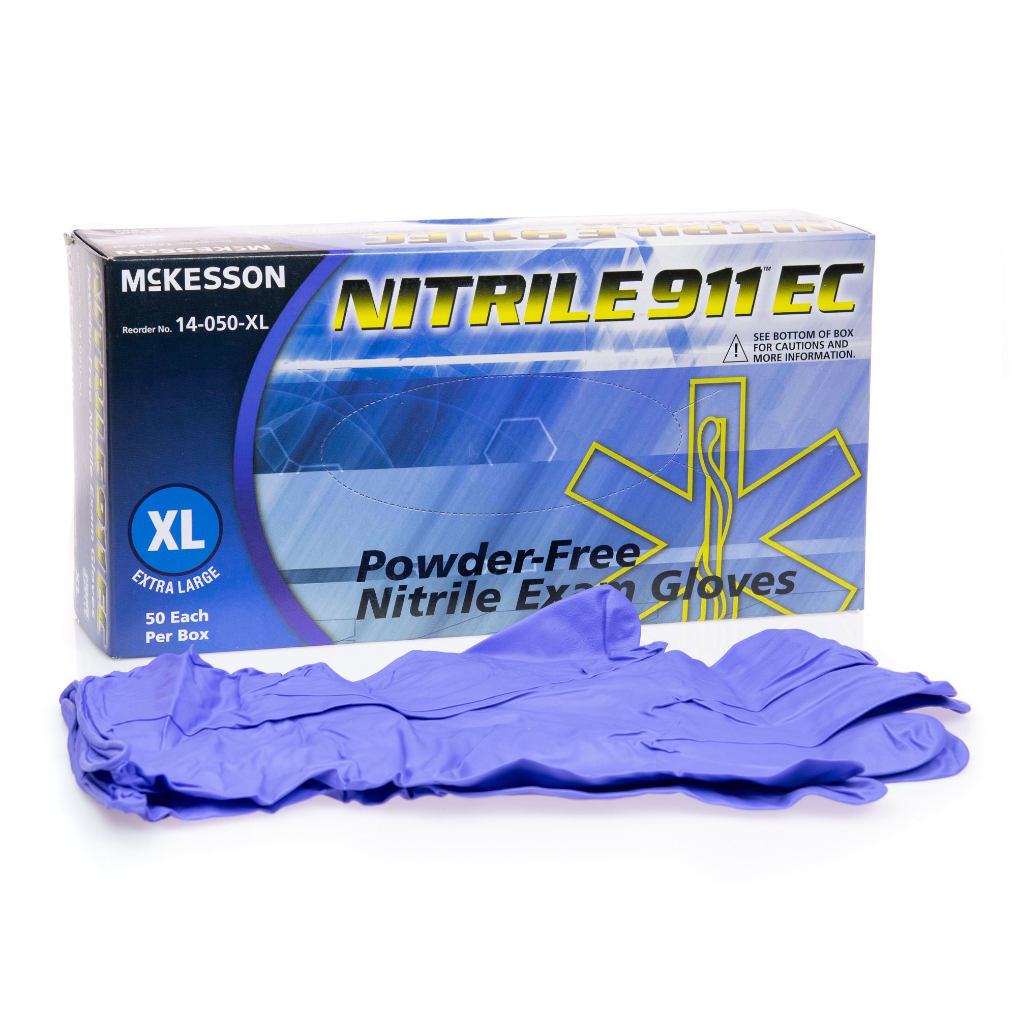 McKesson Brand - 14-050-XL Exam Glove McKesson NITRILE 911™ EC X-Large 50 per Box NonSterile Nitrile Extended Cuff Length Textured Fingertips Blue Chemo Tested