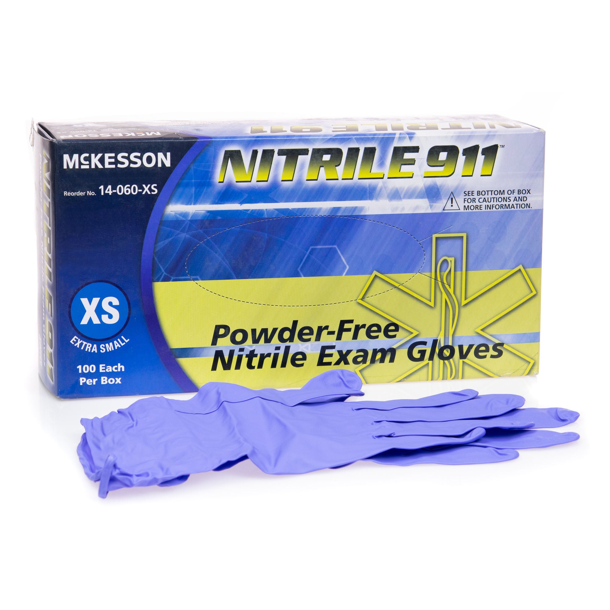 McKesson Brand - 14-060-XS Exam Glove McKesson NITRILE 911™ X-Small 100 per Box NonSterile Nitrile Standard Cuff Length Textured Fingertips Blue Chemo Tested