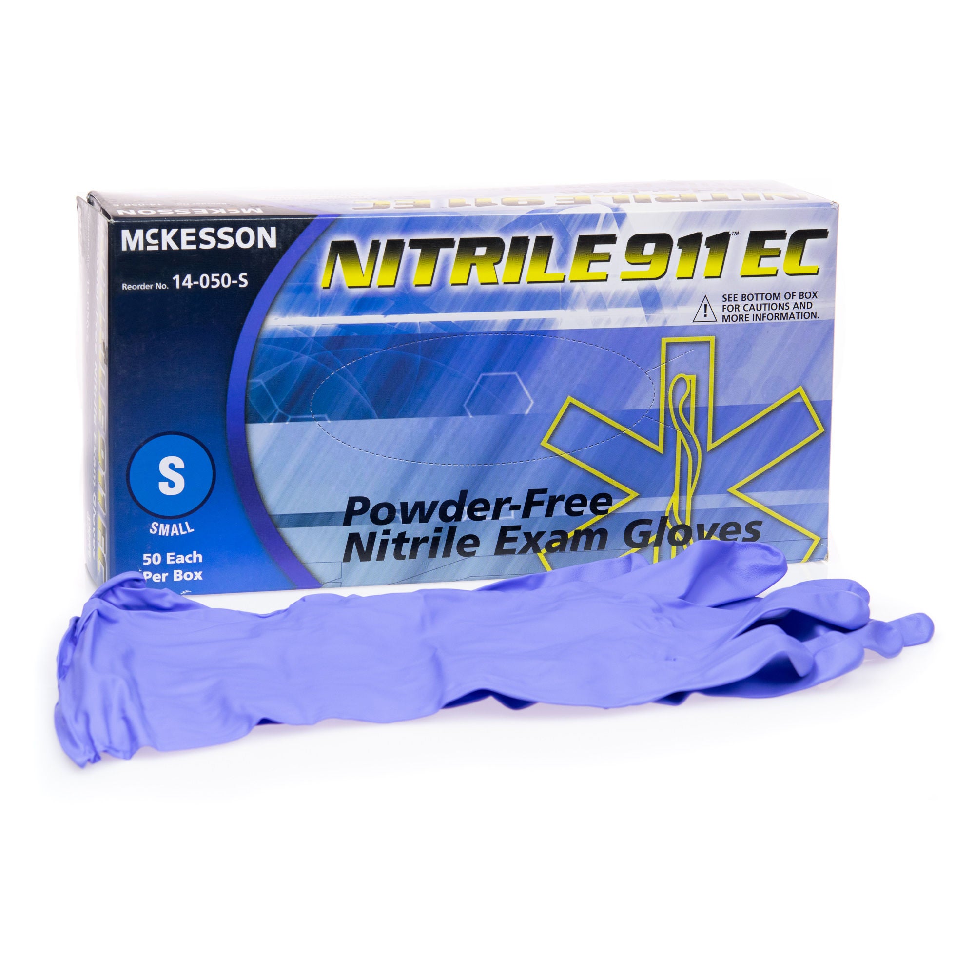 McKesson Brand - 14-050-S Exam Glove McKesson NITRILE 911™ EC Small 50 per Box NonSterile Nitrile Extended Cuff Length Textured Fingertips Blue Chemo Tested